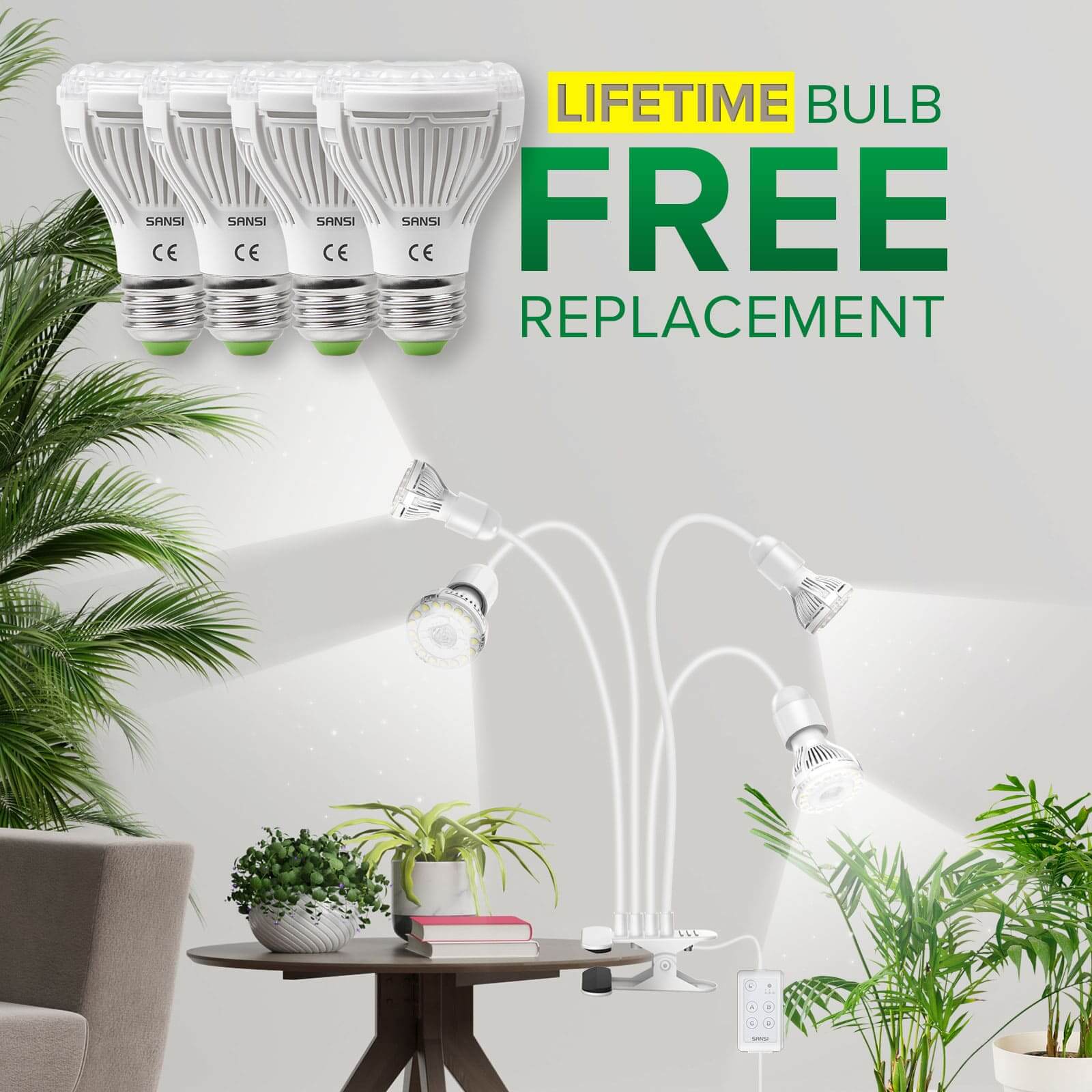 SANSI 40W Adjustable 4-Head Clip-on LED Grow Light with Timer-White