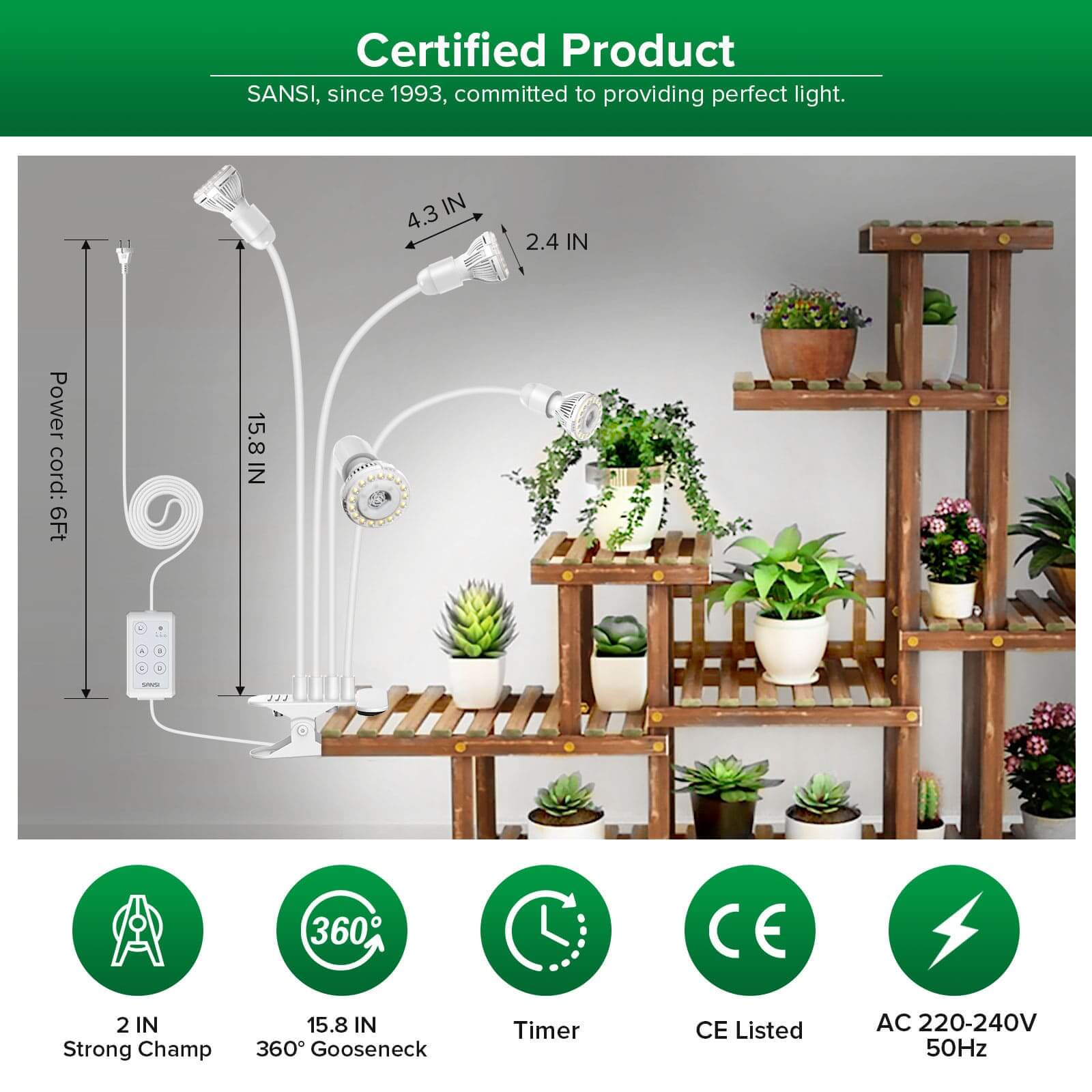 SANSI 40W Adjustable 4-Head Clip-on LED Grow Light with Timer-White