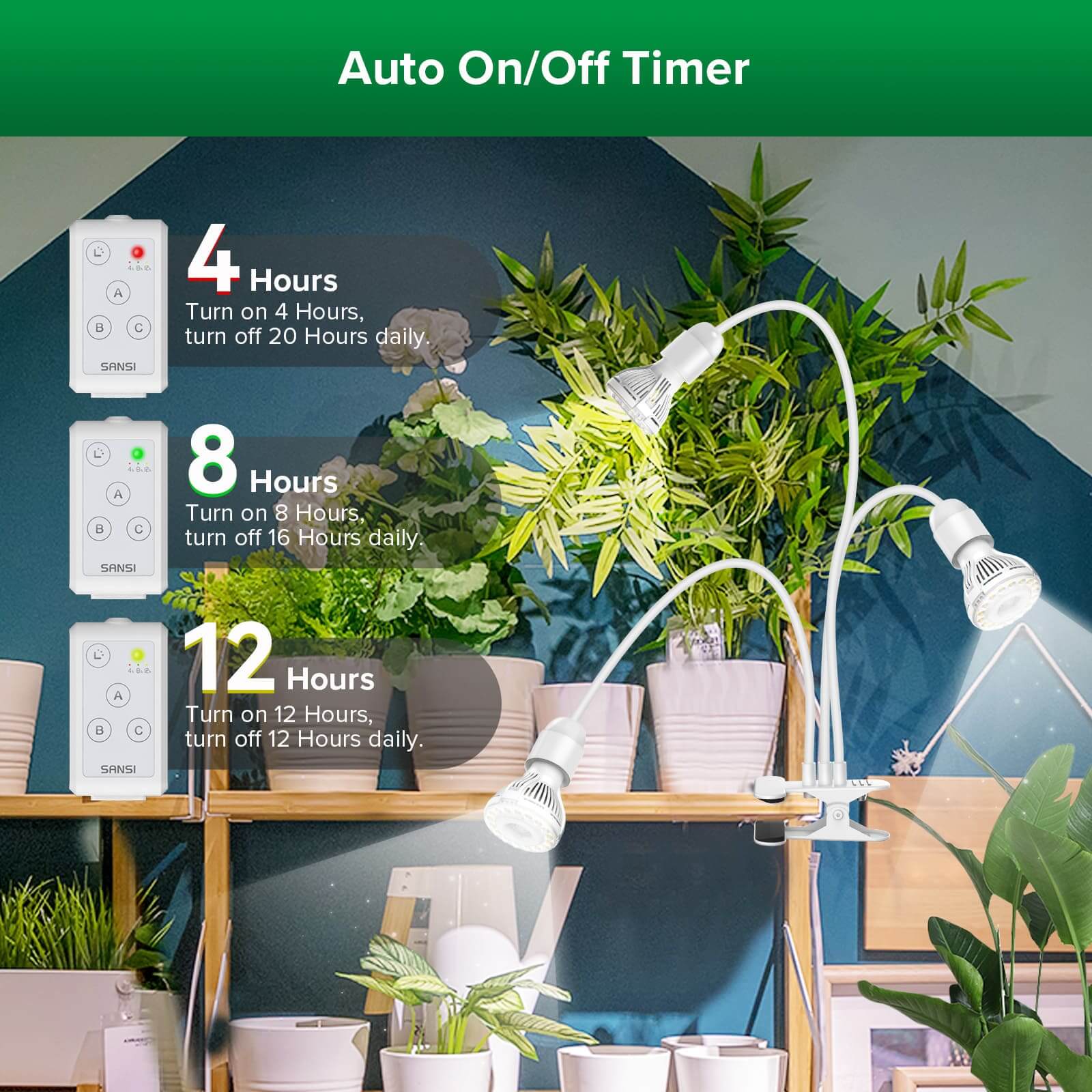 Lampada LED per la coltivazione SANSI da 30 W, regolabile, a 3 teste, con clip e timer, bianca