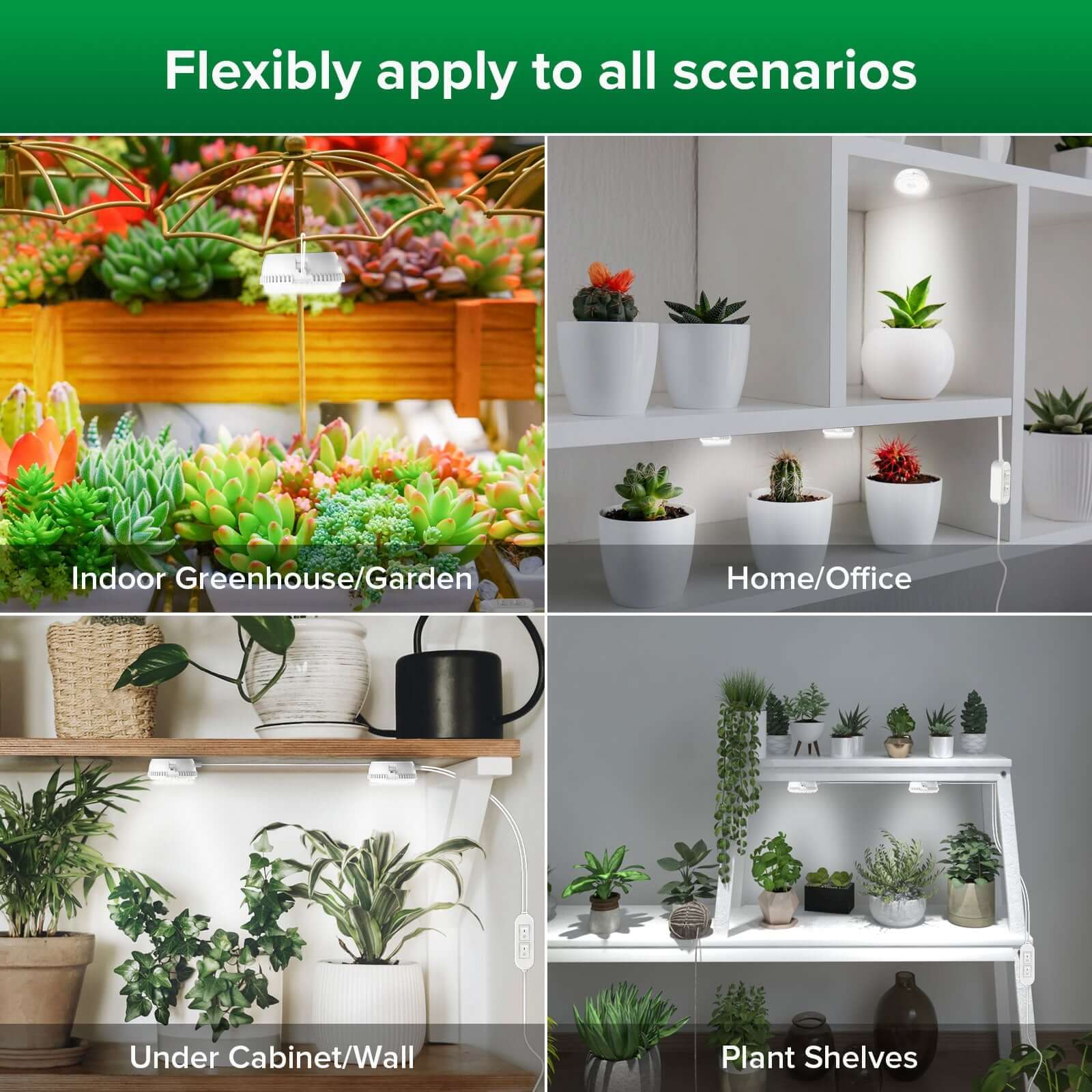 10w Full Spectrum 2-Head Grow Lights(US ONLY) is flexibly apply to all scenarios,indoor greenhouse/garden、under cabinet and plant shelves.