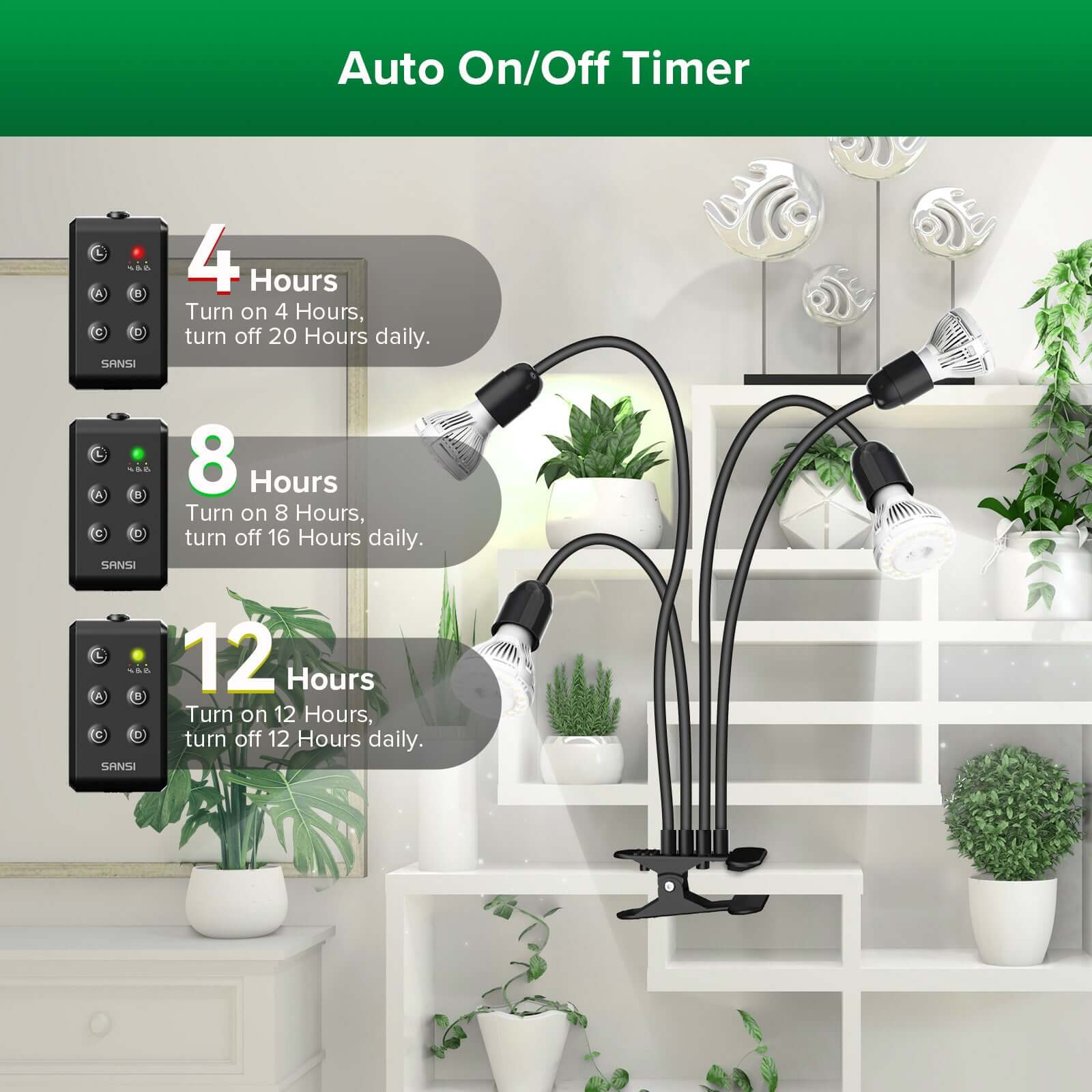 Auto On/Off Timer,4 hours,8 hours and 12 hours.
