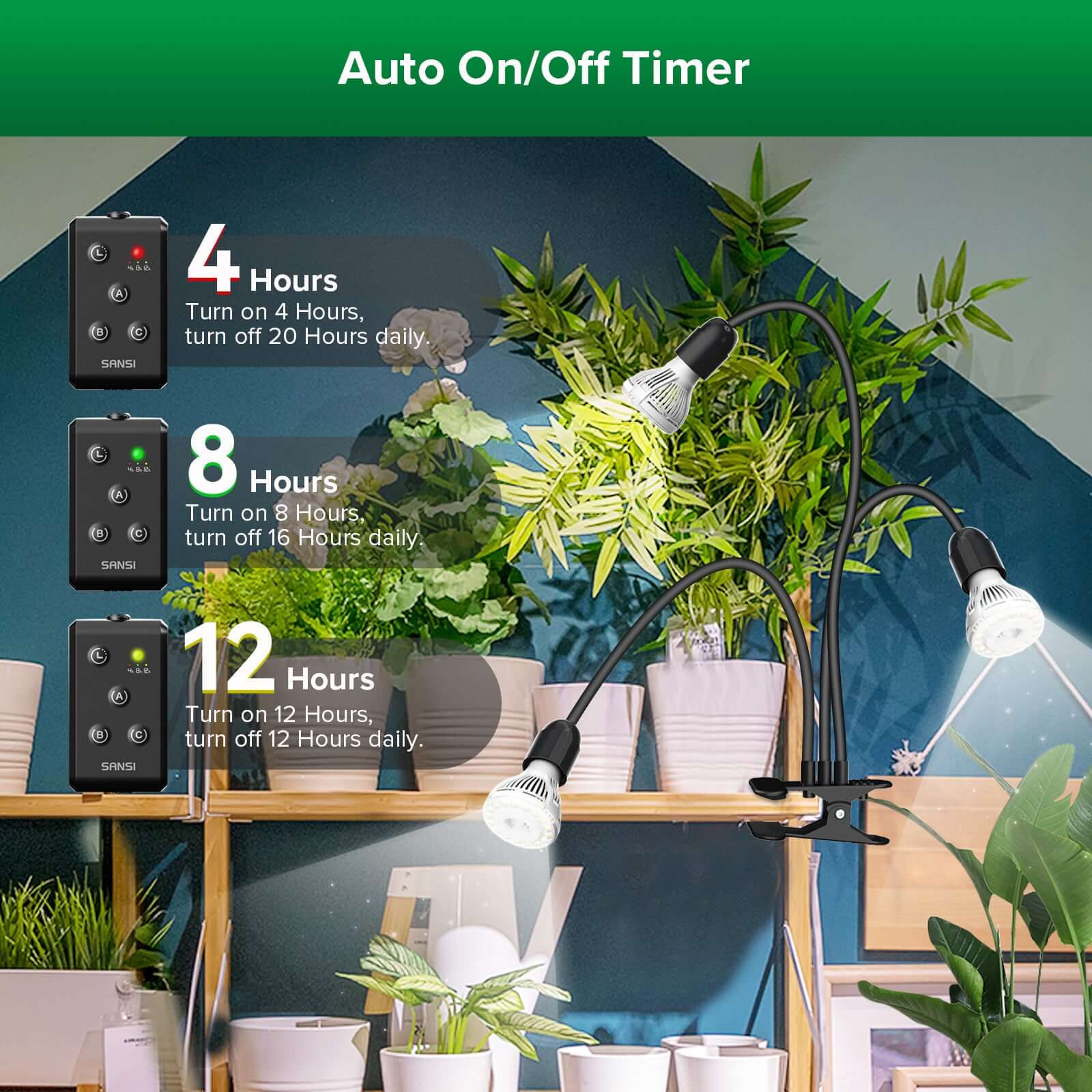 30W Adjustable 3-Head Clip-on LED Grow Light has auto on/off timer.4 hours,8 hours and 12 hours.