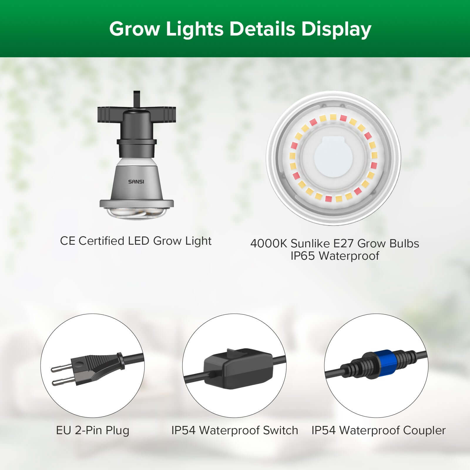 SANSI Plant Lamp LED Full Spectrum for Indoor Plants, IP54 Waterproof Plant Light Fairy Lights with 6 Pieces E27 12 W Grow Lamp Bulbs for Greenhouse, Seedling, Flowers, Vegetables (6.7 Metres)