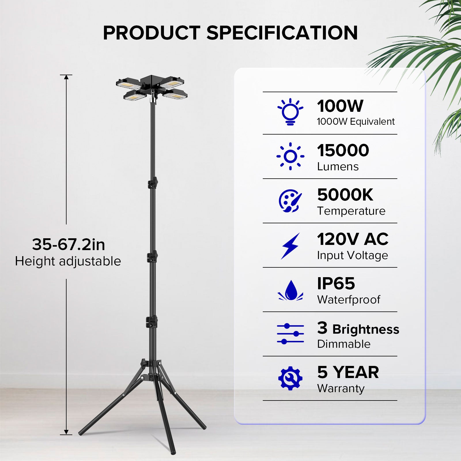 100W Adjustable 4-Head Work Light with Stand, 35-67.2in height adjuatable