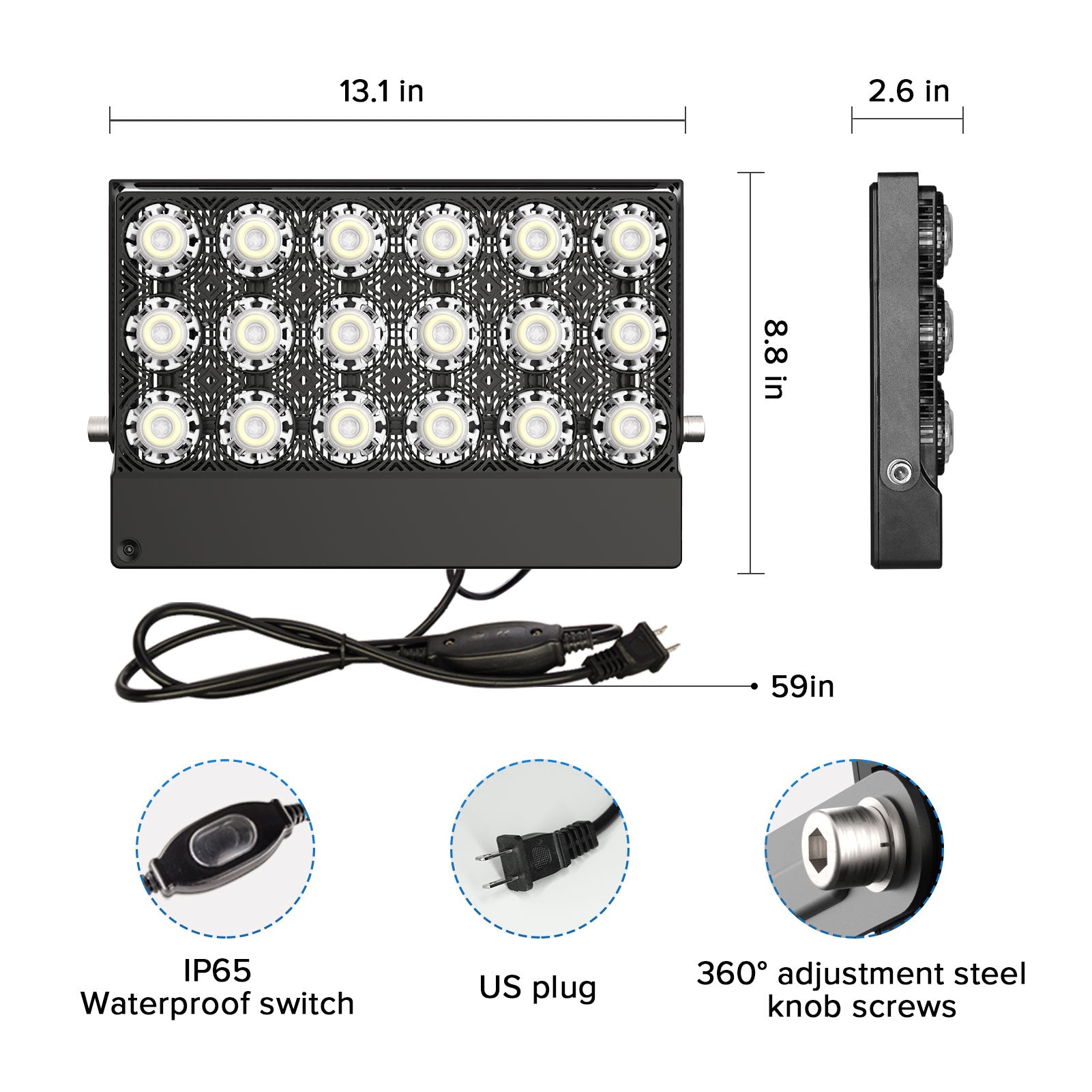 Size information and plug information for 100W LED Flood Light (US ONLY).