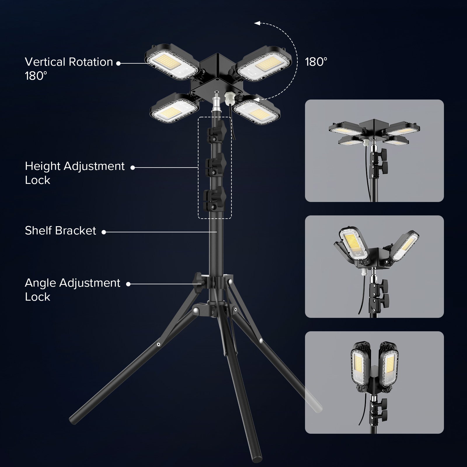 100W Adjustable 4-Head Work Light with Stand with vertical rotation 180°