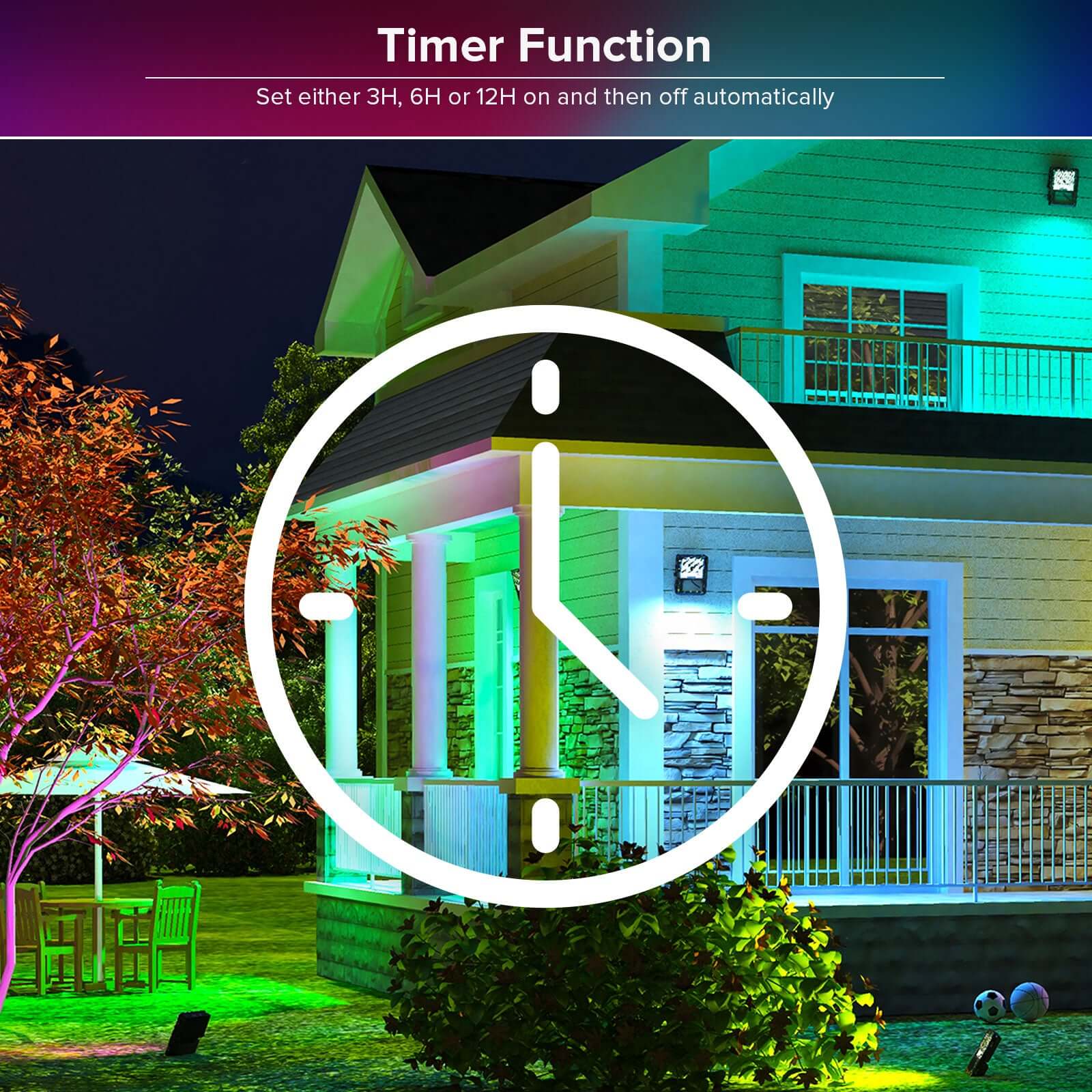 120W RGB Led Flood Light (US ONLY) has timer function,set either 3H. 6H or 12H on and then off automatically.