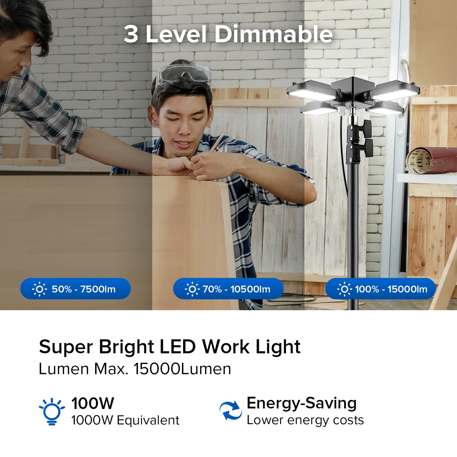 100W Adjustable 4-Head Work Light with Stand, 3 level dimmable, 7500lm, 10500lm, 15000lm