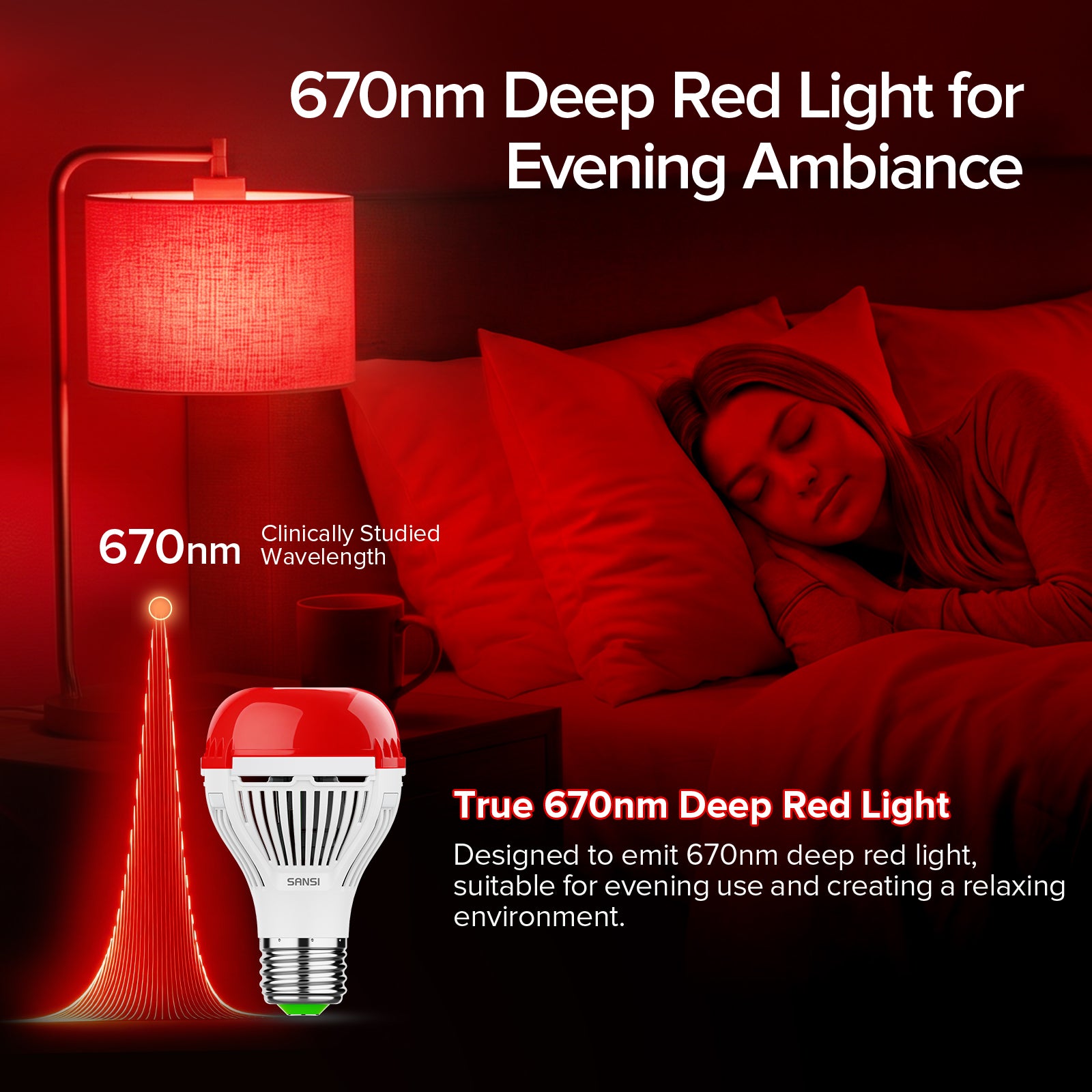 SANSI A19 10W red light bulb for sleep therapy emitting 670nm deep red light, creating a calming evening ambiance.