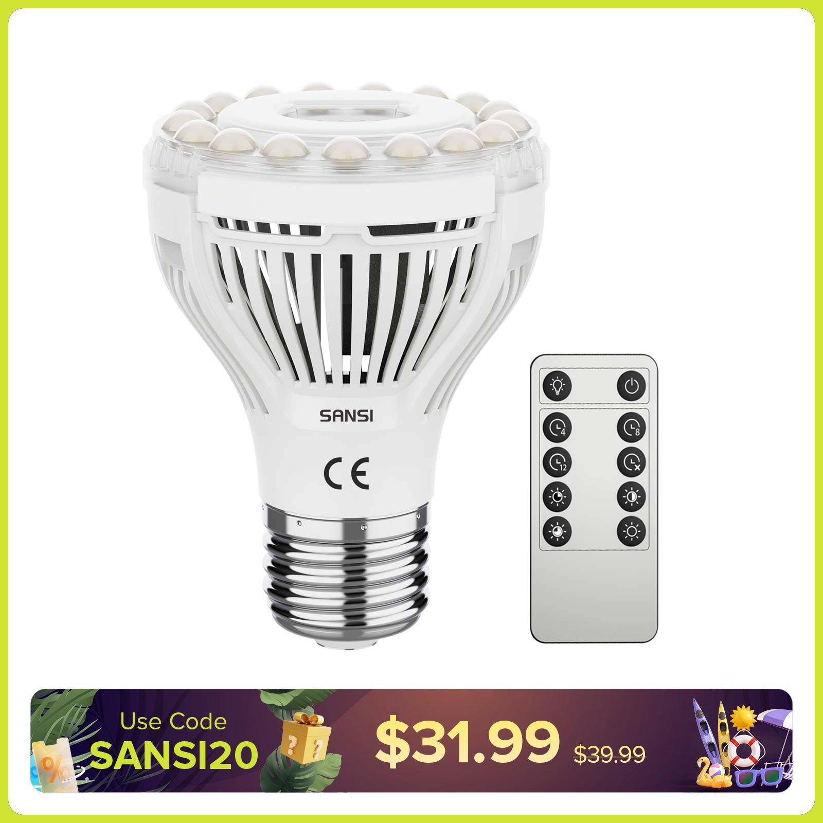 SANSI PAR20 4.5W LED Grow Light Bulb With Remote Control (EU/UK ONLY)