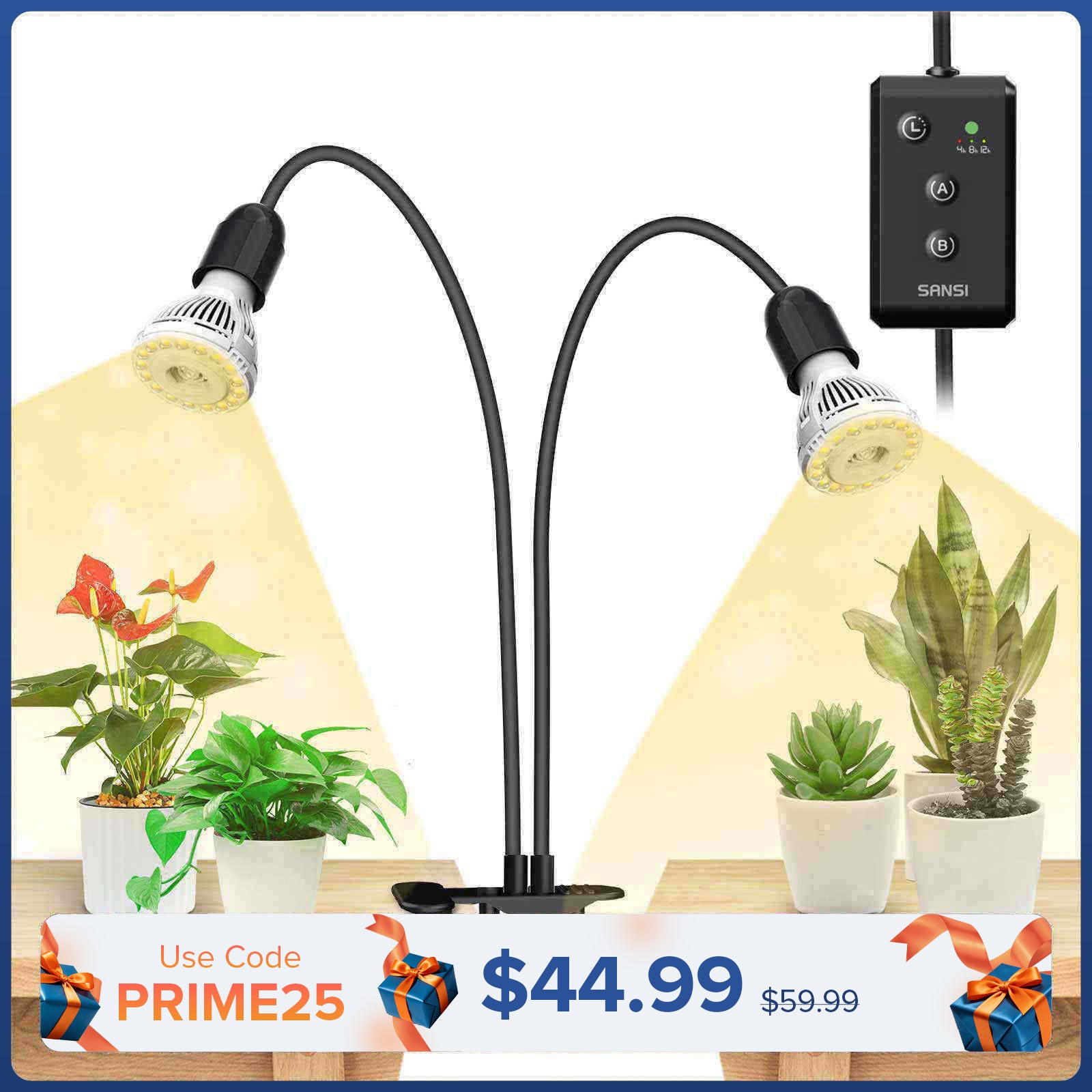 20W Adjustable 2-Head Clip-on LED Grow Light With Timer
