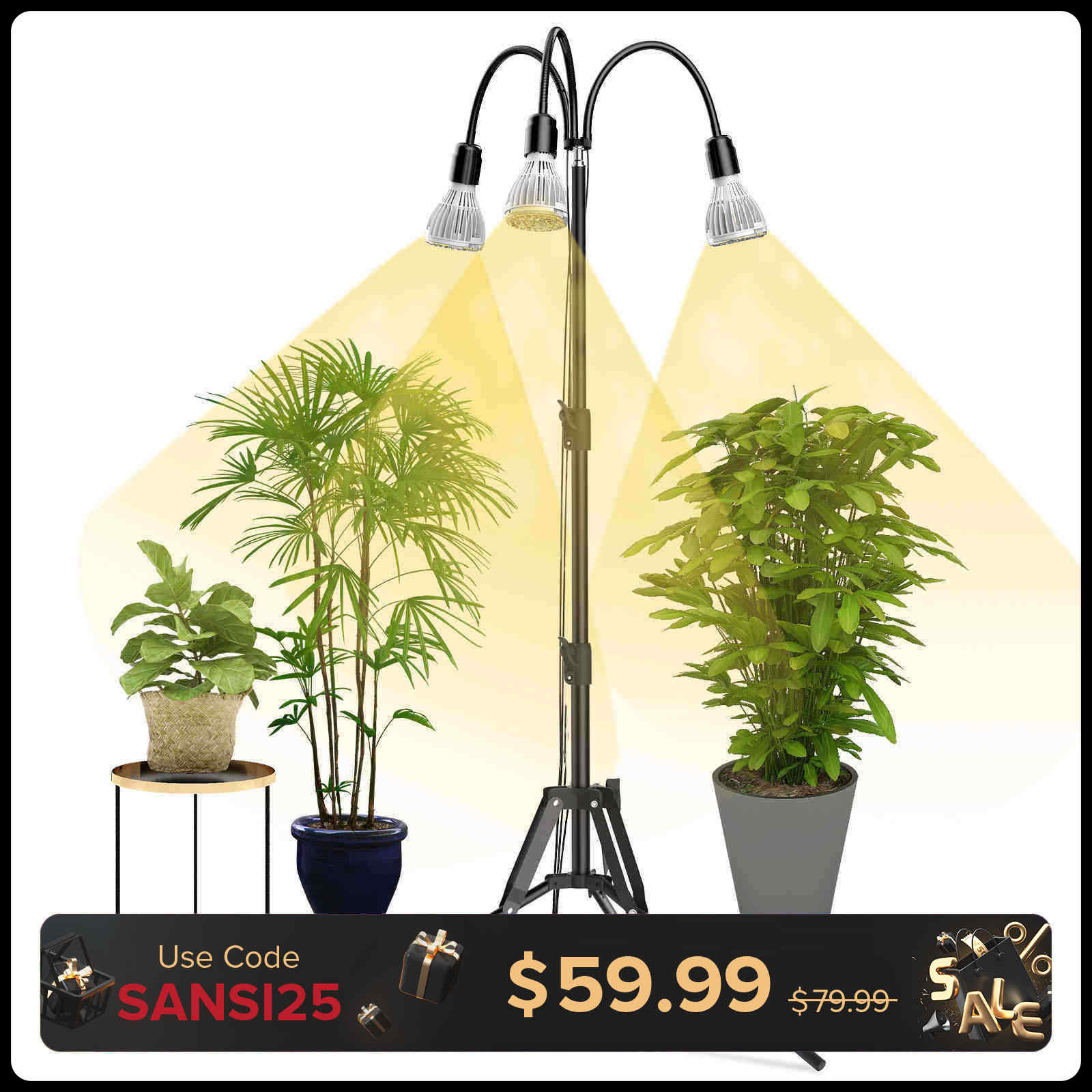 SANSI Upgraded 90W Multi-head Grow Light with Adjustable Tripod Stand