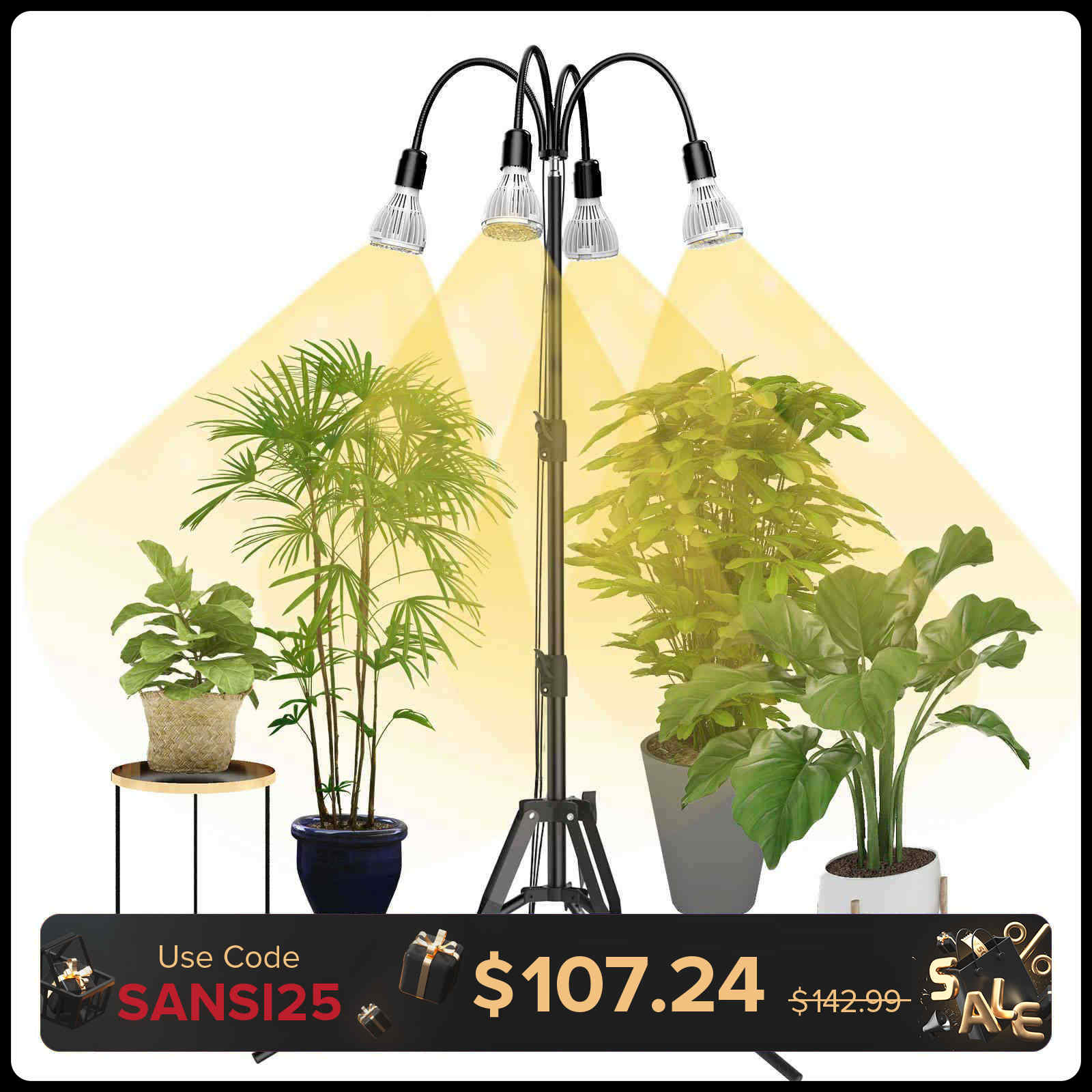 SANSI Upgraded 120W Multi-head Grow Light with Adjustable Tripod Stand