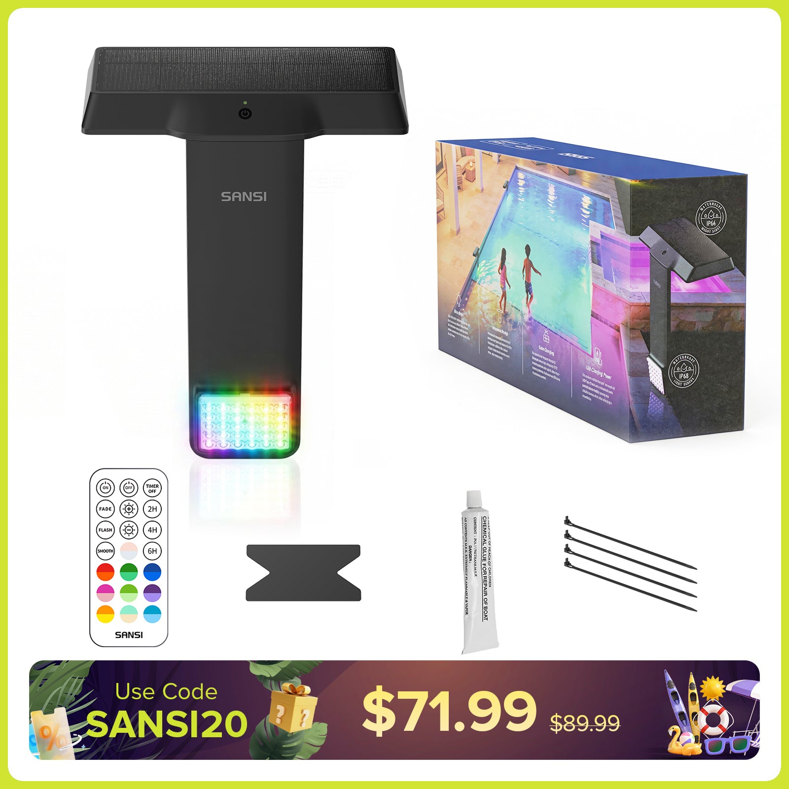 SANSI Solar RGB LED Pool Light with Remote Control