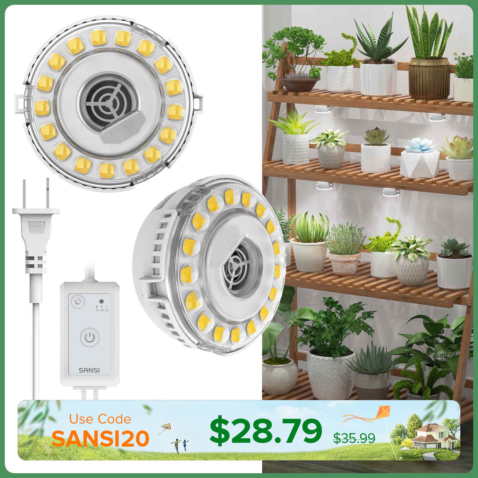 SANSI 10W LED Puck Grow Light With Timer & Dimmer