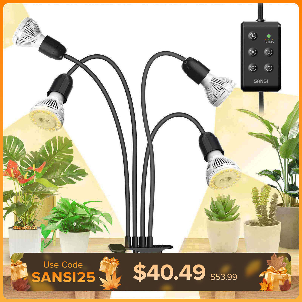 40-W-LED-Pflanzenlampe mit 4 verstellbaren Köpfen und Timer zum Anklemmen.