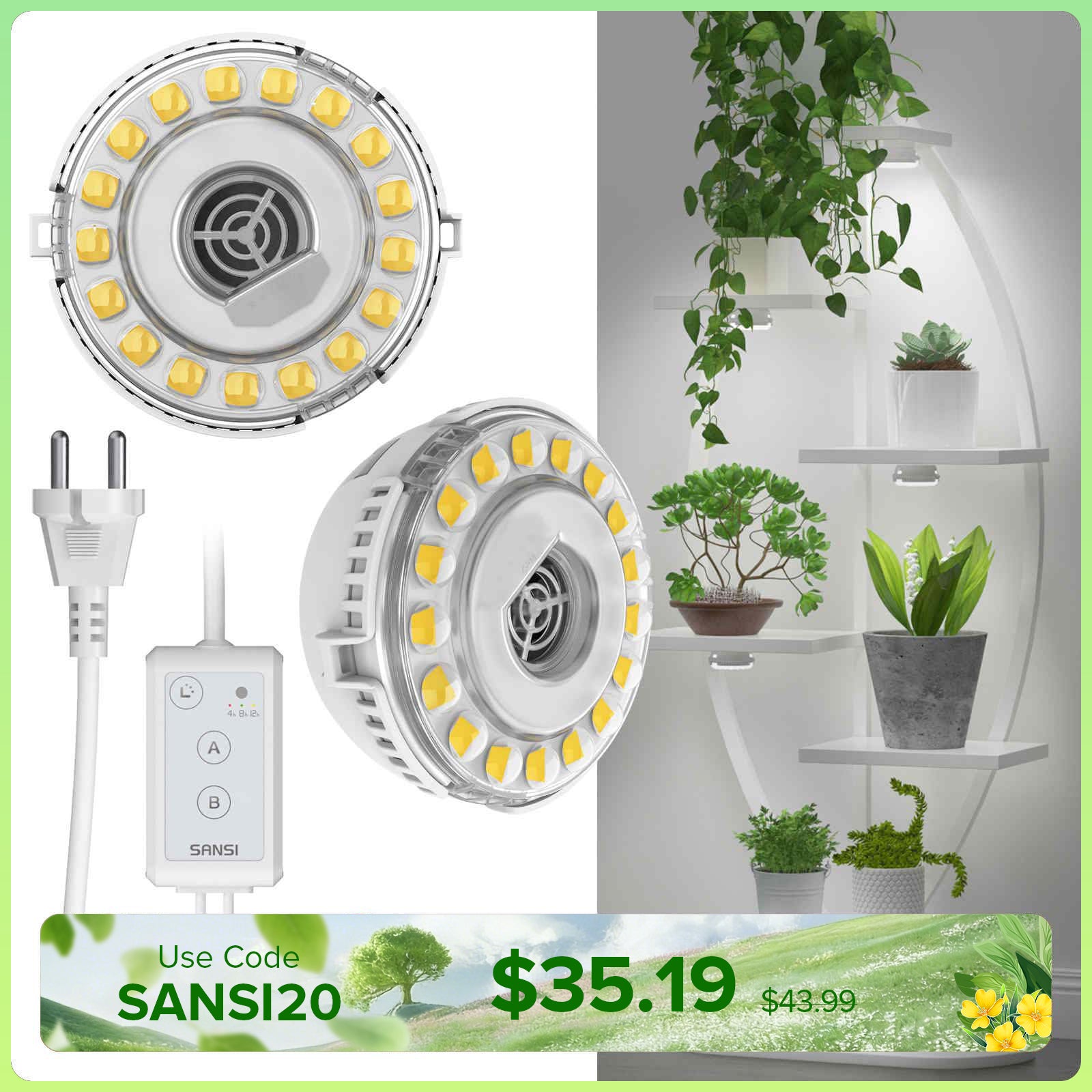 SANSI 10W LED Puck Grow Light With Timer & Dimmer