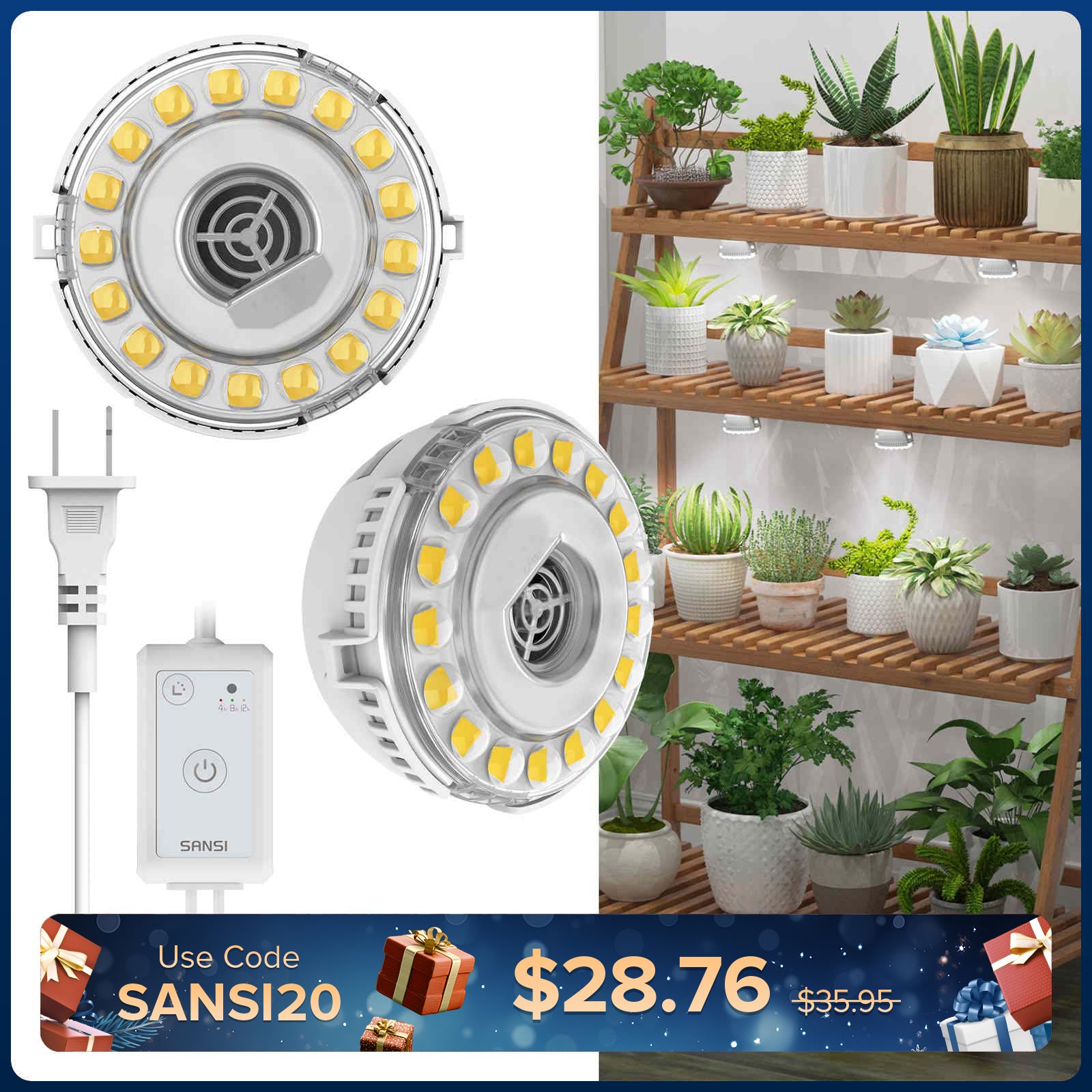 SANSI 10W LED Puck Grow Light With Timer & Dimmer