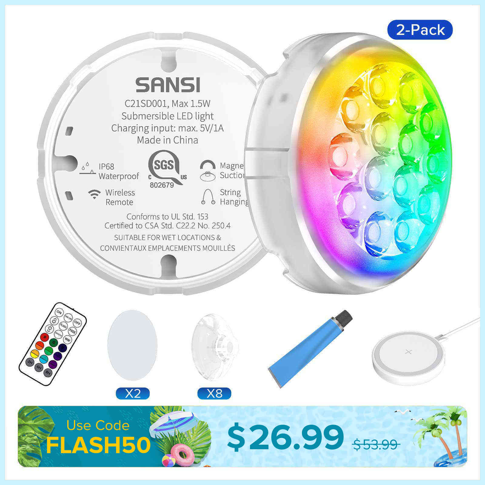Wireless Charging LED Pool Light with Remote Control(US ONLY)