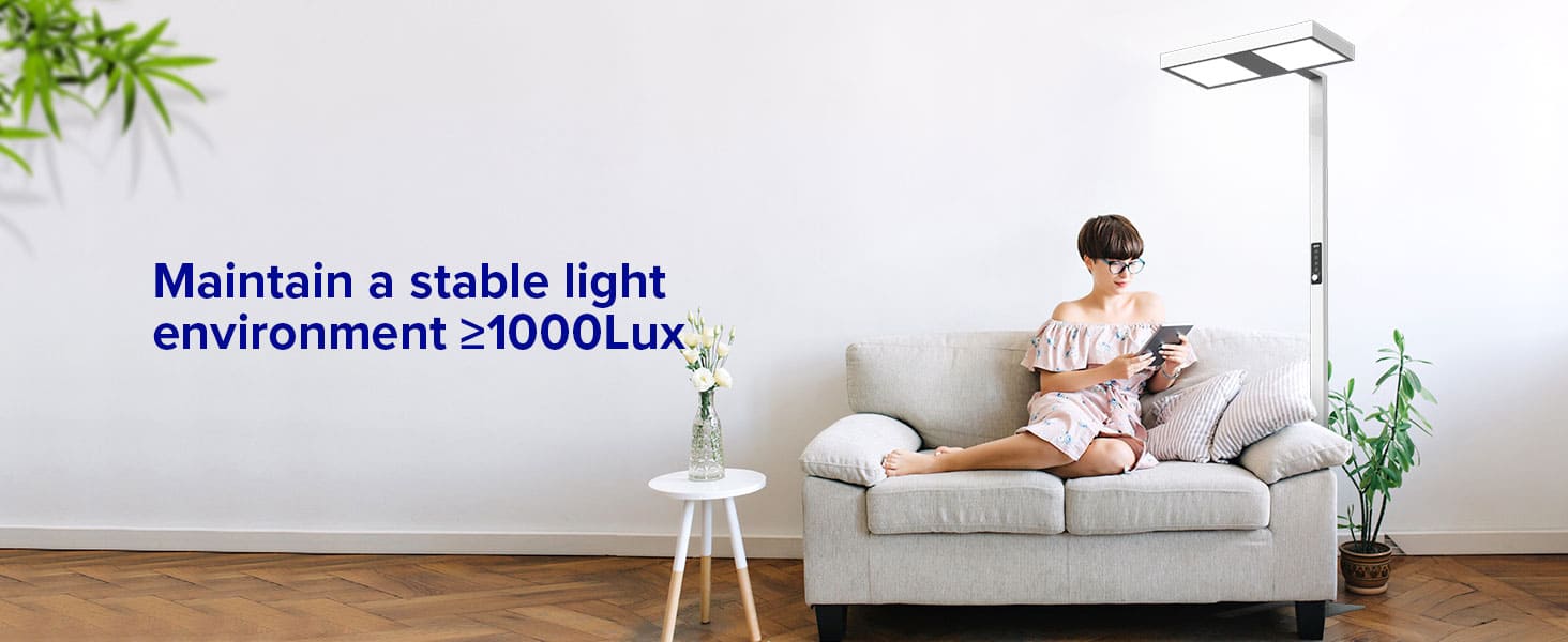 150W LED Floor Lamp with intelligent dimming, Even at clouds day, it brings you nutaral light like a sunny day.