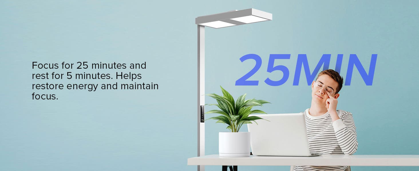 150W LED Floor Lamp with the Pomodoro working mode, focus for 25 minutes and rest for 5 minutes. Helps restore energy and maintain focus.