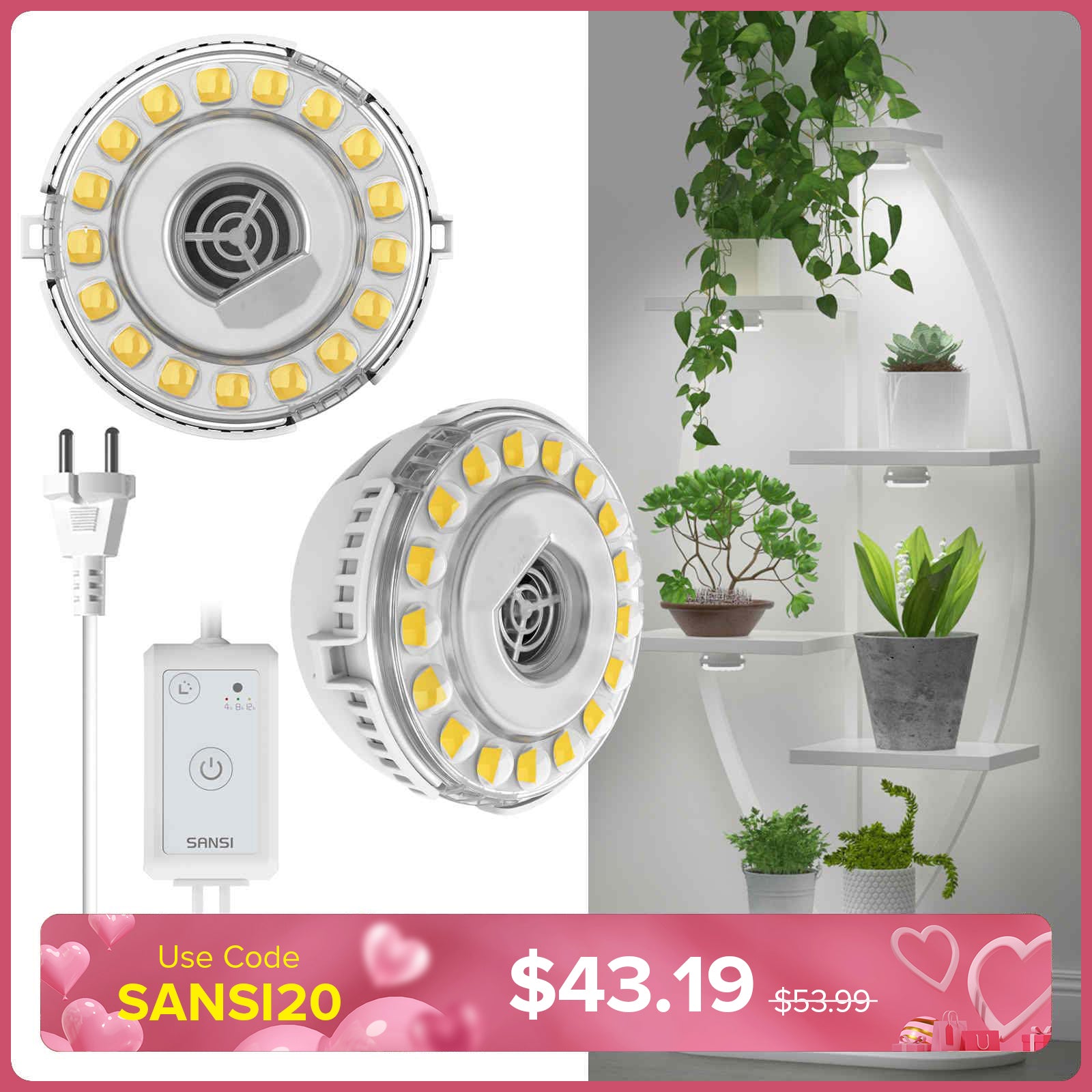 SANSI 10W LED Puck Grow Light With Timer & Dimmer