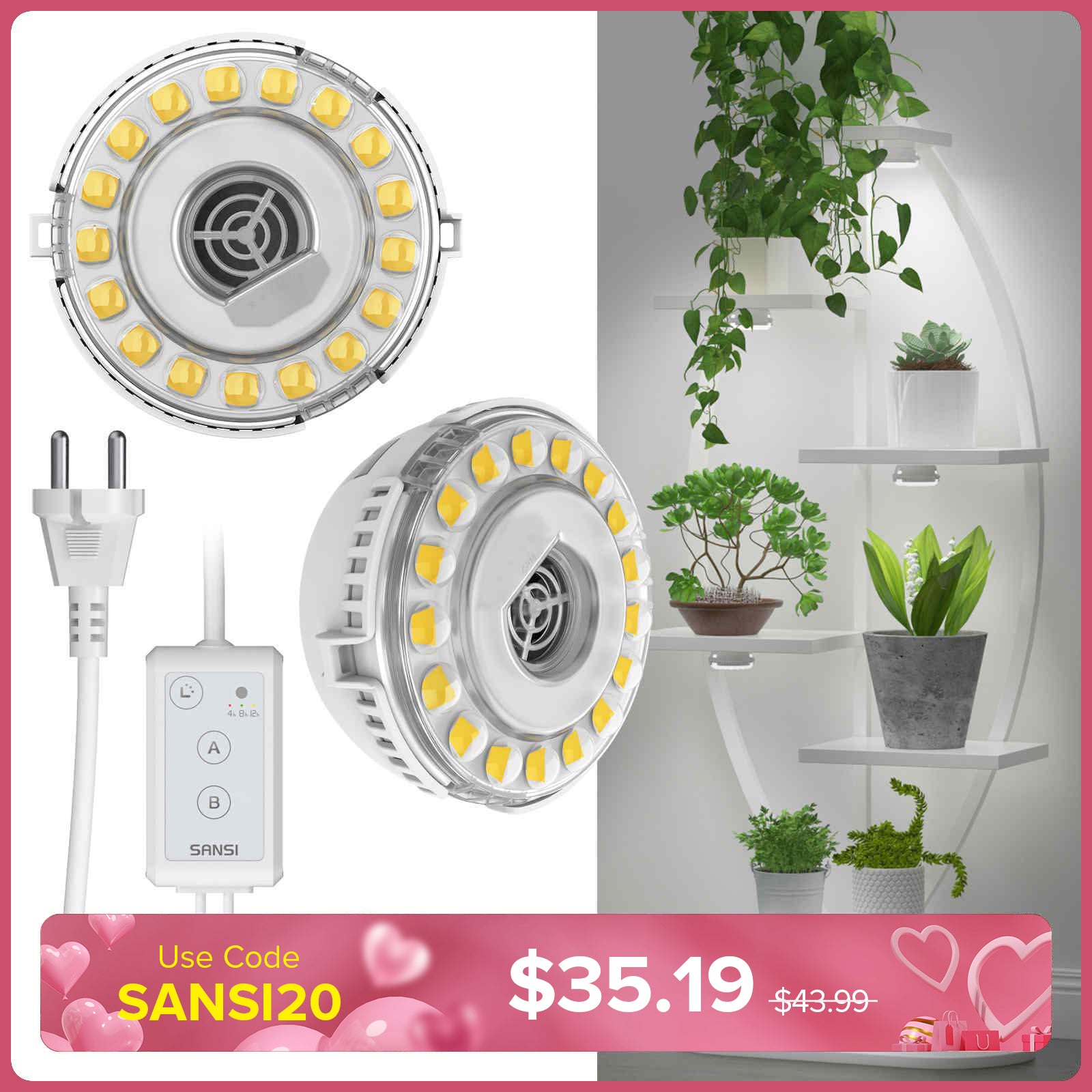 SANSI 10W LED Puck Grow Light With Timer & Dimmer