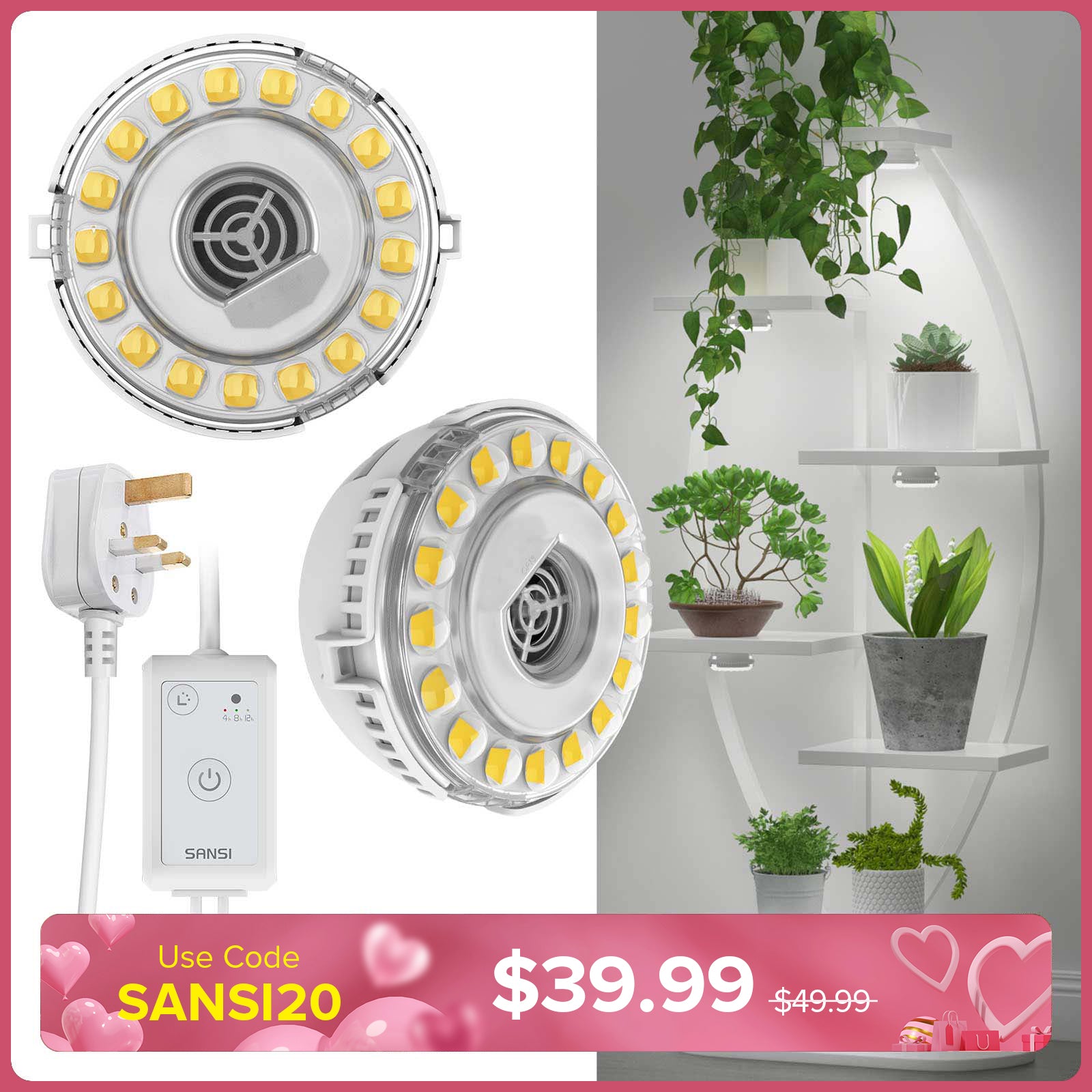SANSI 10W LED Puck Grow Light With Timer & Dimmer