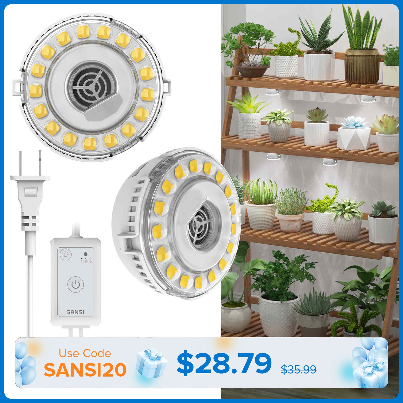 SANSI 10W LED Puck Grow Light With Timer & Dimmer