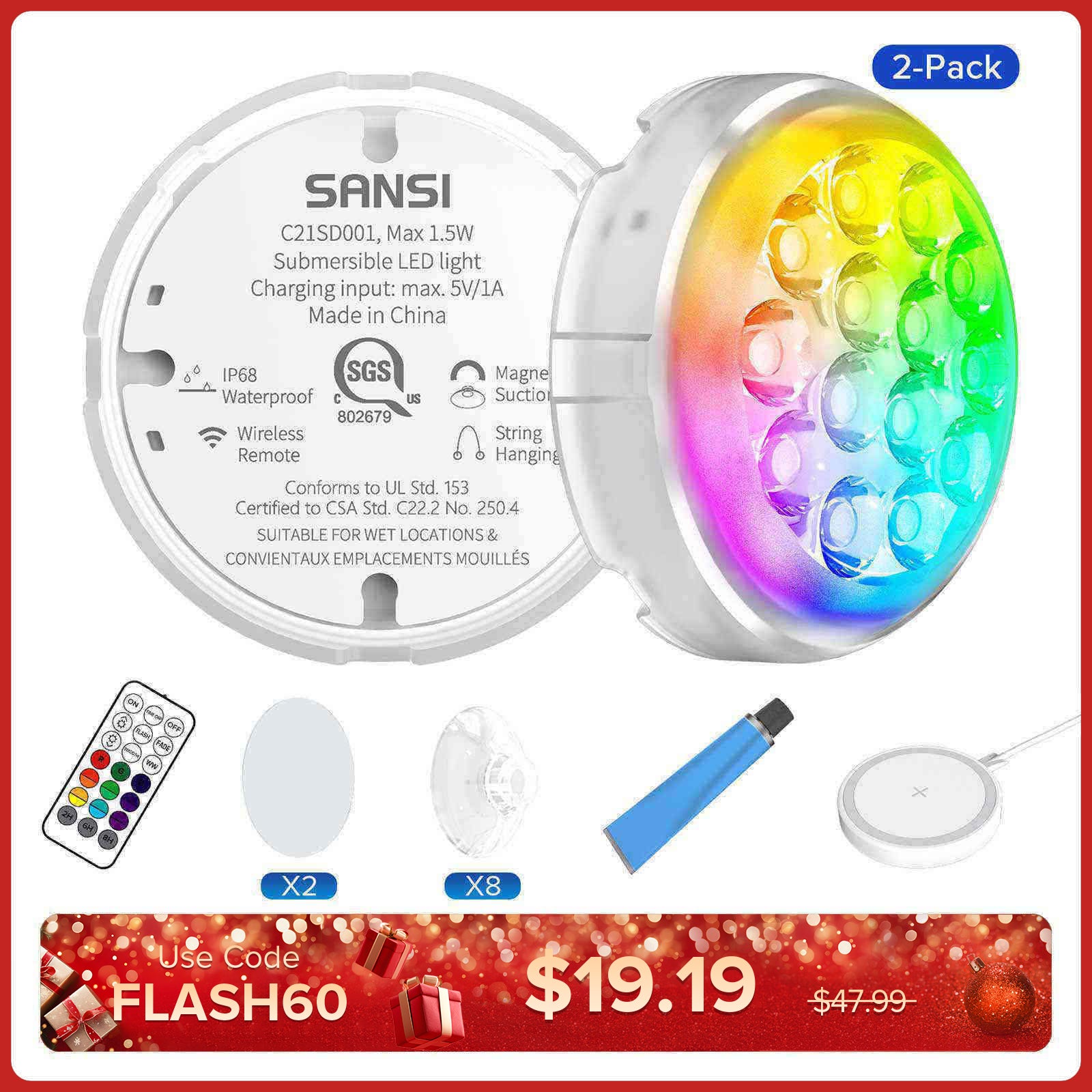 Kabellos aufladbares LED-Poollicht mit Fernbedienung (NUR USA)