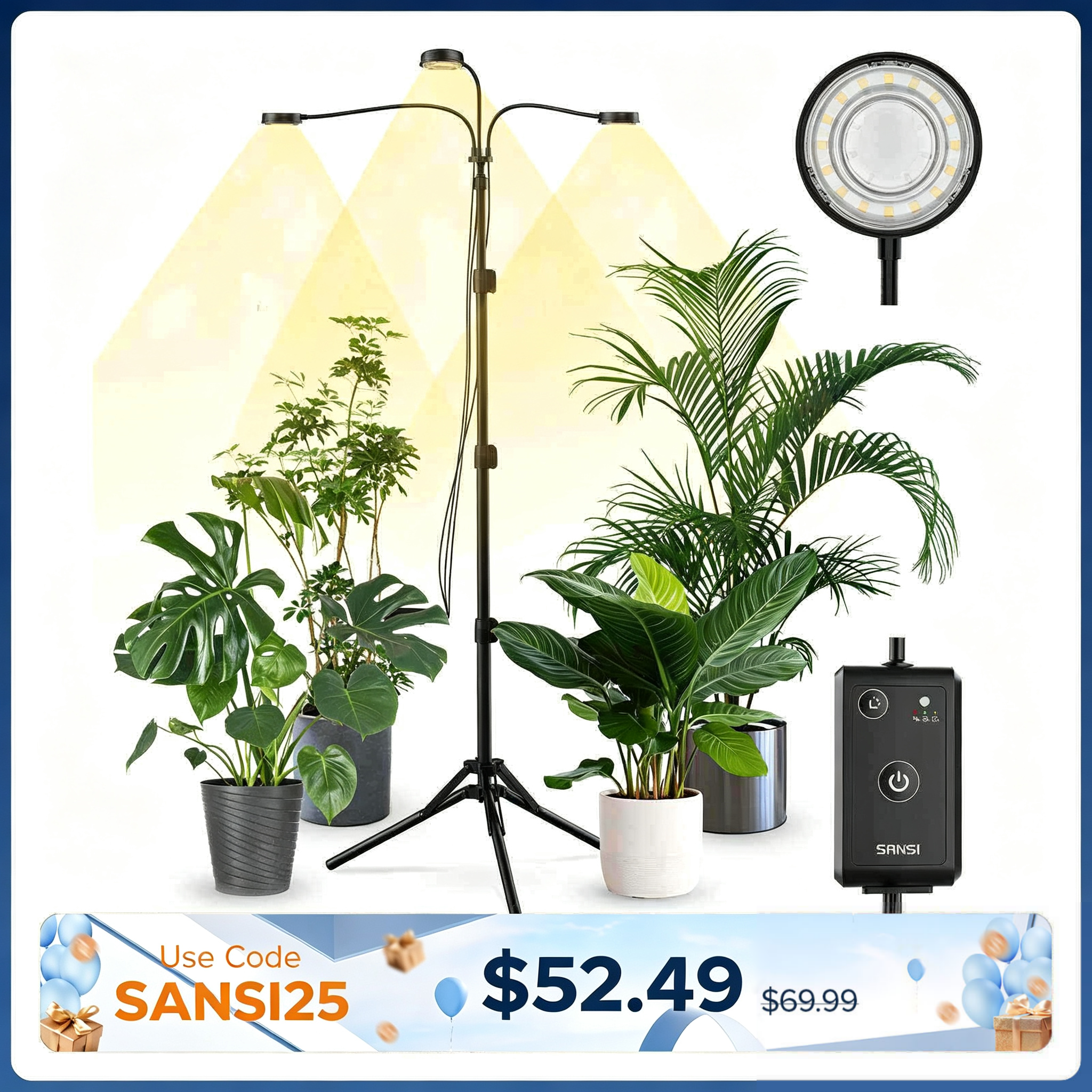 Lampe de culture trépied ajustable 3 têtes 30W SANSI avec télécommande