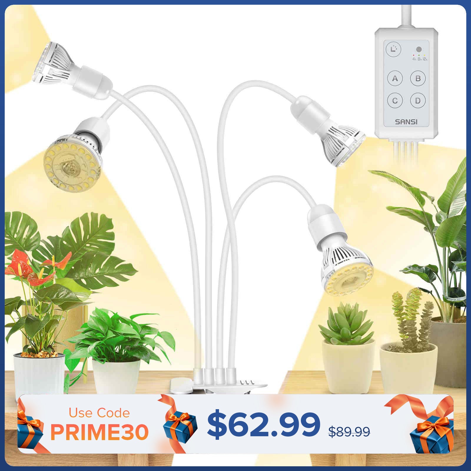 Lampada LED per la coltivazione SANSI da 40 W, regolabile, a 4 teste, con clip e timer, bianca