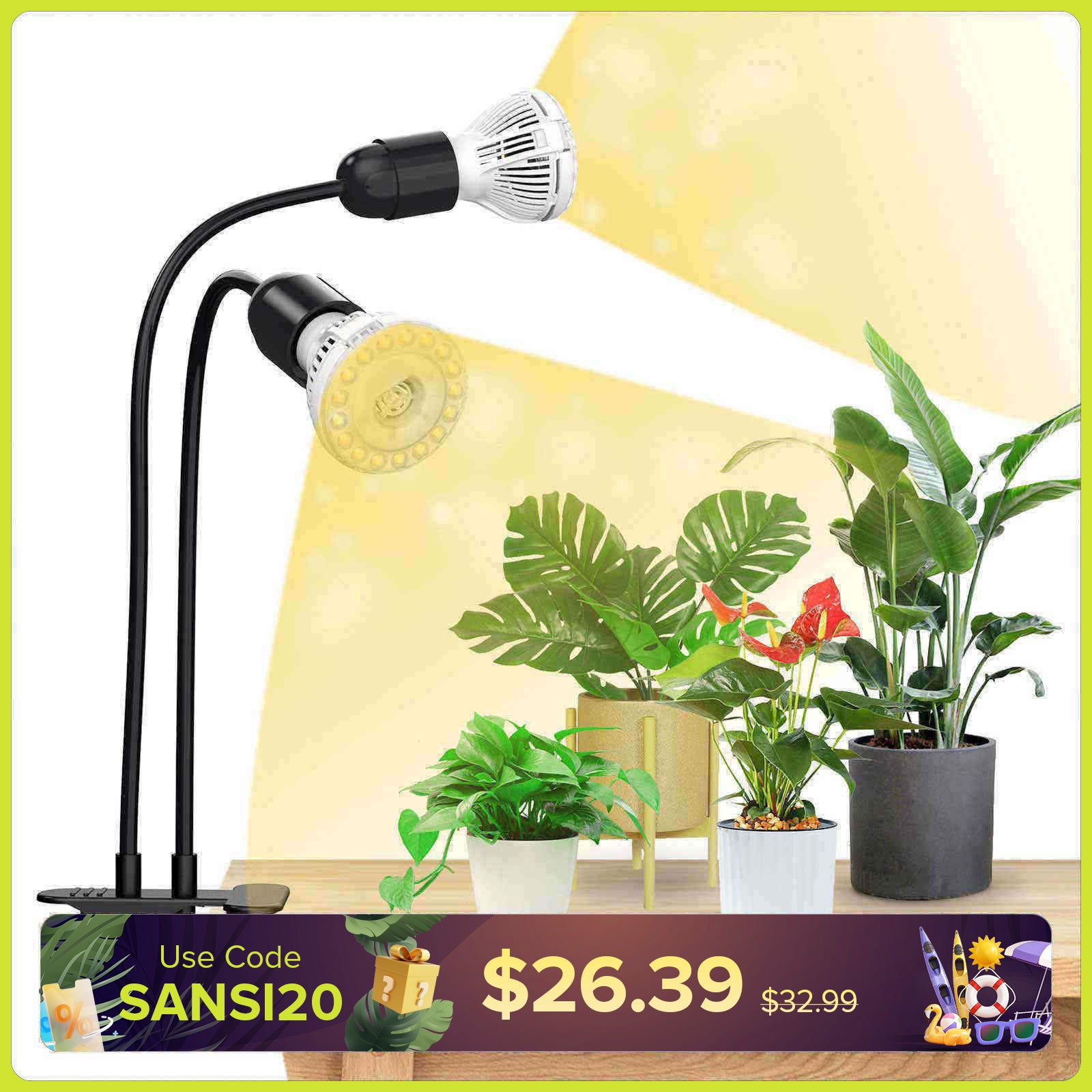20W Adjustable 2-Head Clip-on LED Grow Light