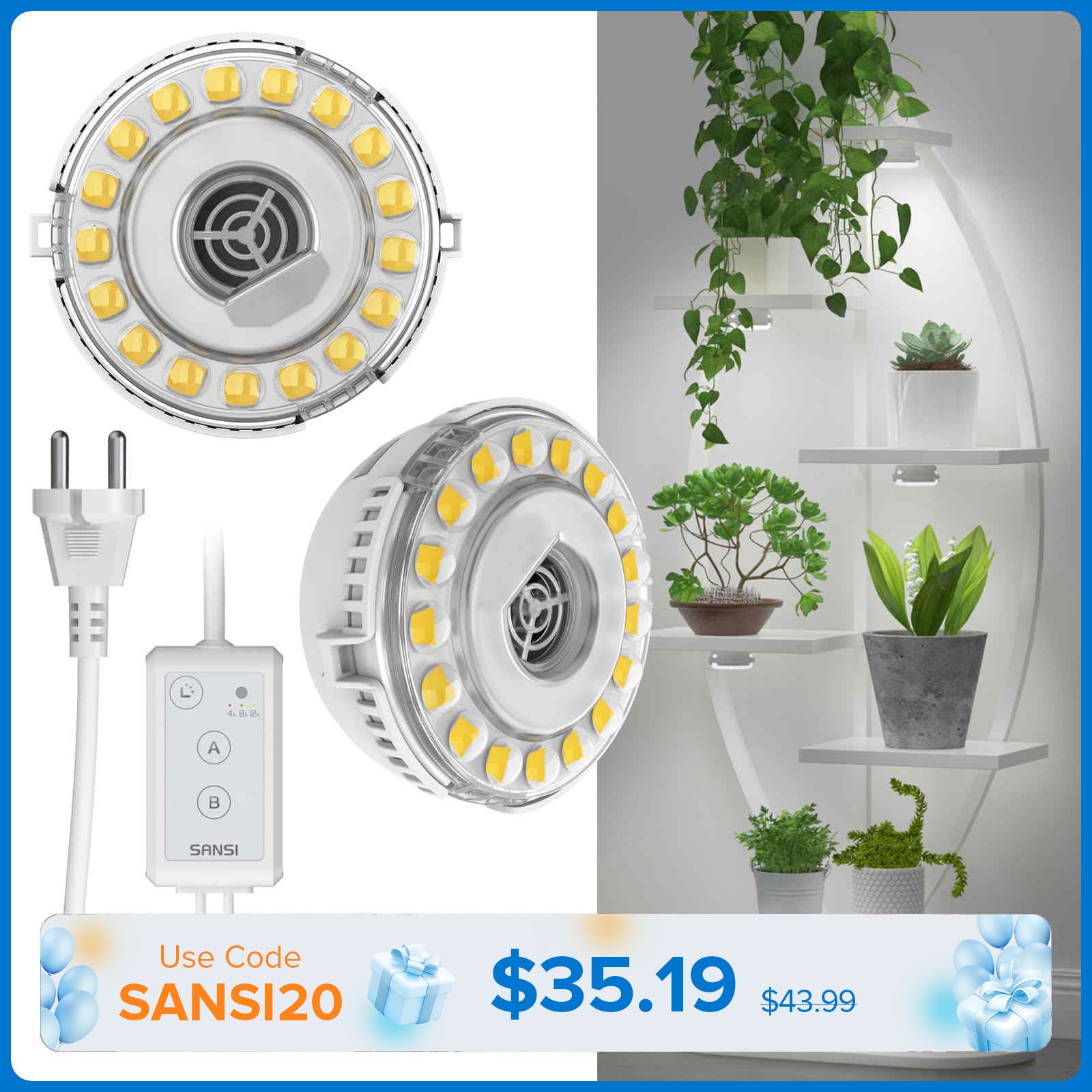 SANSI 10W LED Puck Grow Light With Timer & Dimmer