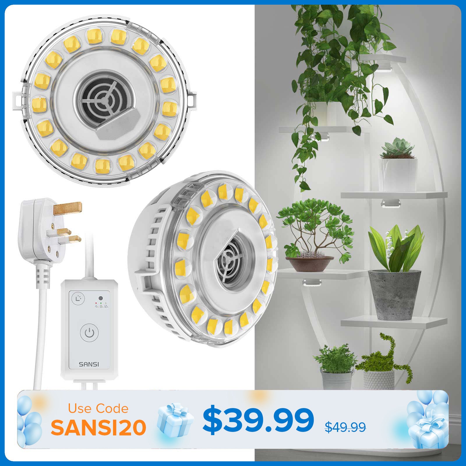 SANSI 10W LED Puck Grow Light With Timer & Dimmer