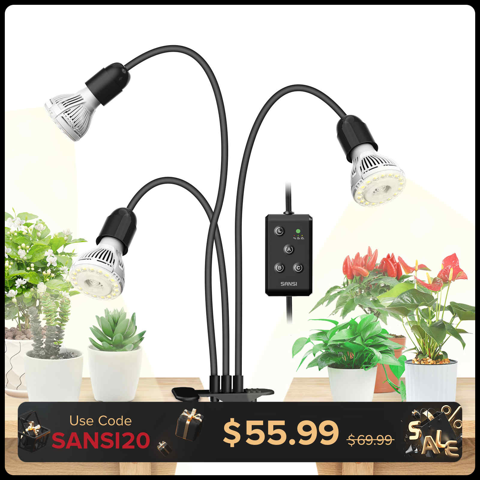 30 W verstellbare 3-Kopf-Clip-on-LED-Wachstumslampe mit Timer/ohne Timer