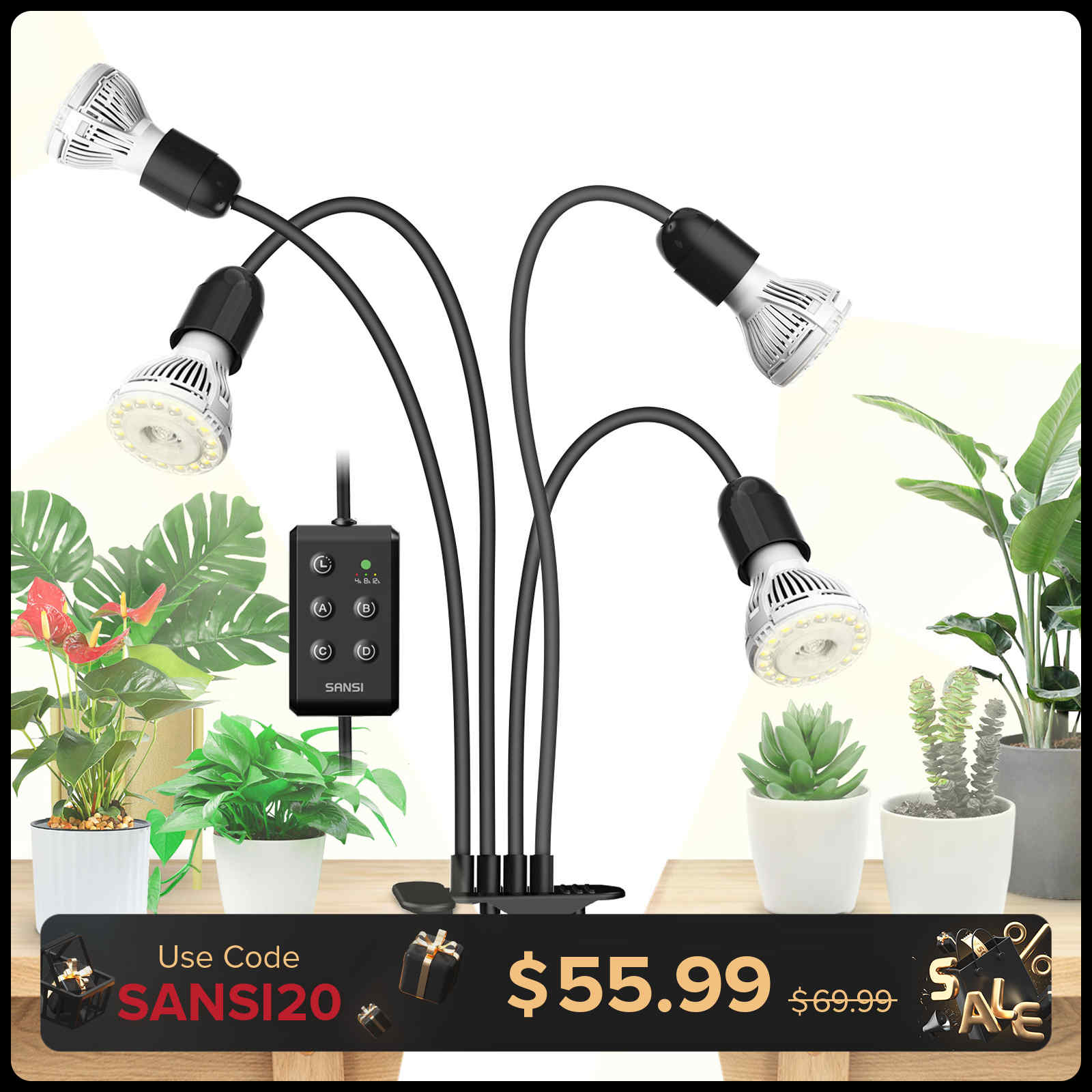 40W Adjustable 4-Head Clip-on LED Grow Light with Timer/No Timer