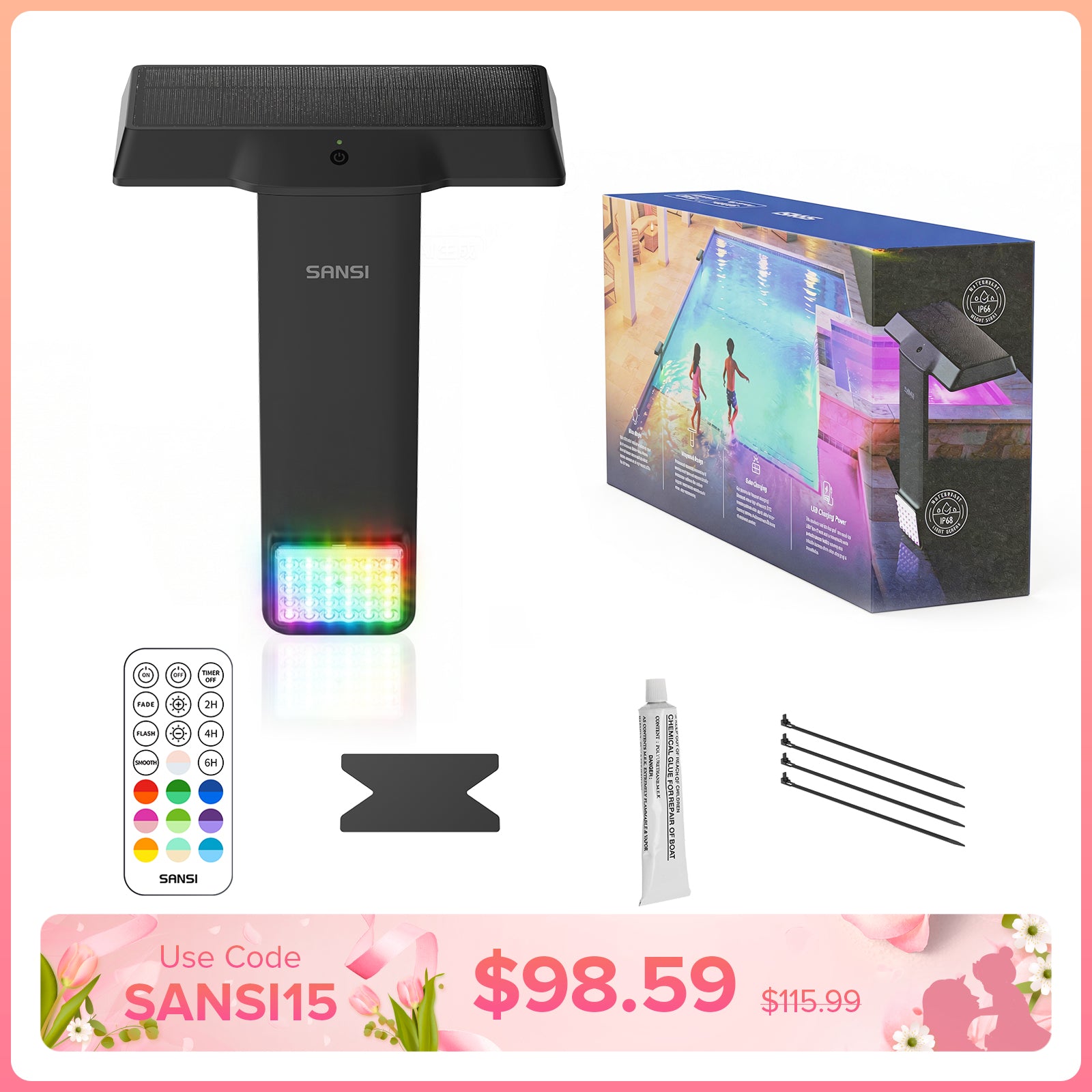 SANSI Solar RGB LED Pool Light with Remote Control