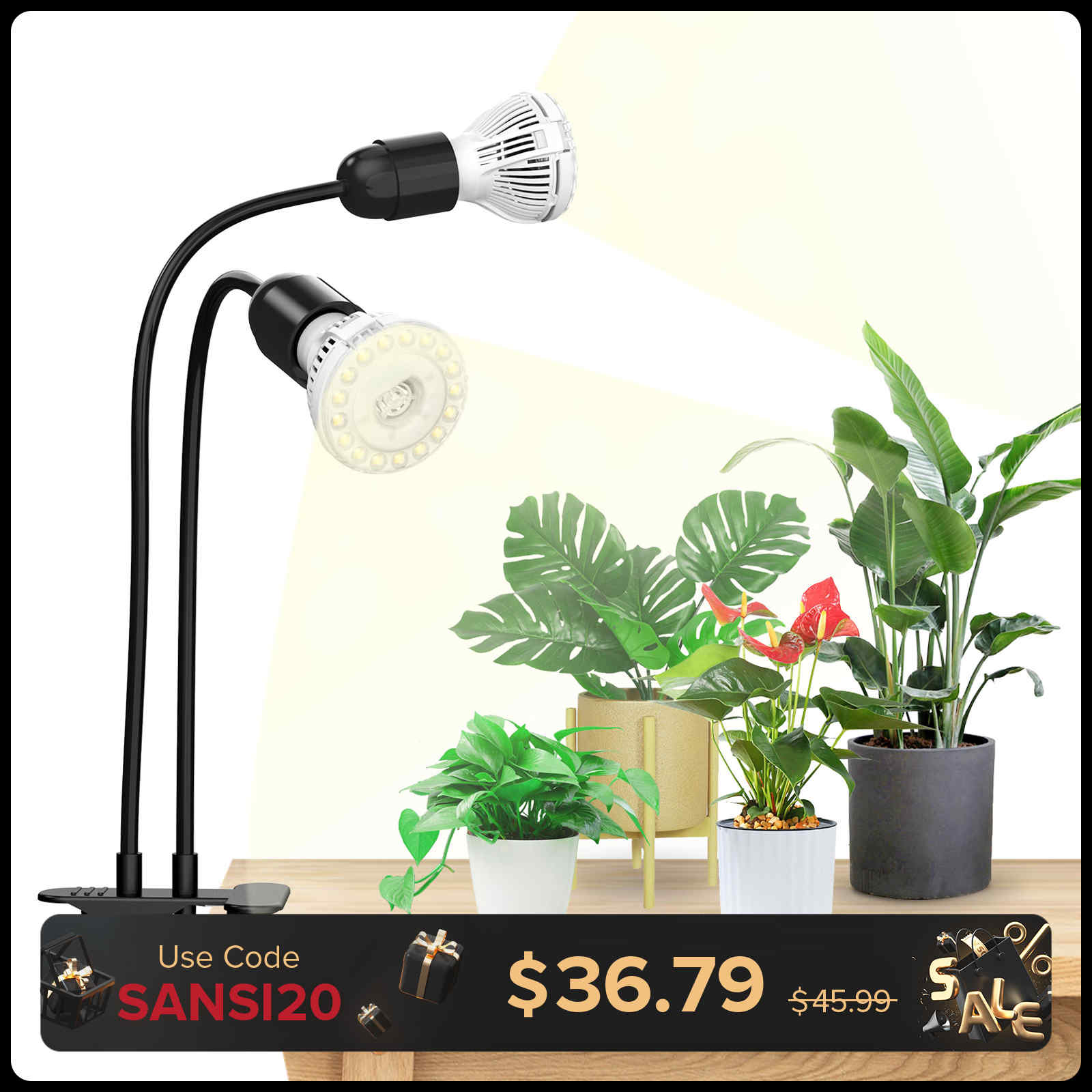 20W Adjustable 2-Head Clip-on LED Grow Light