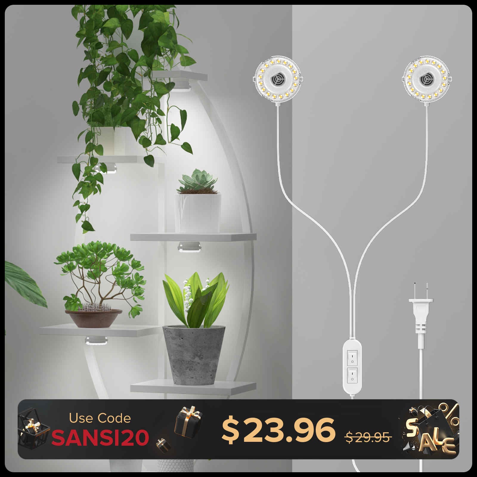 10W Full Spectrum 2-Head Grow Lights With Timer/No Timer