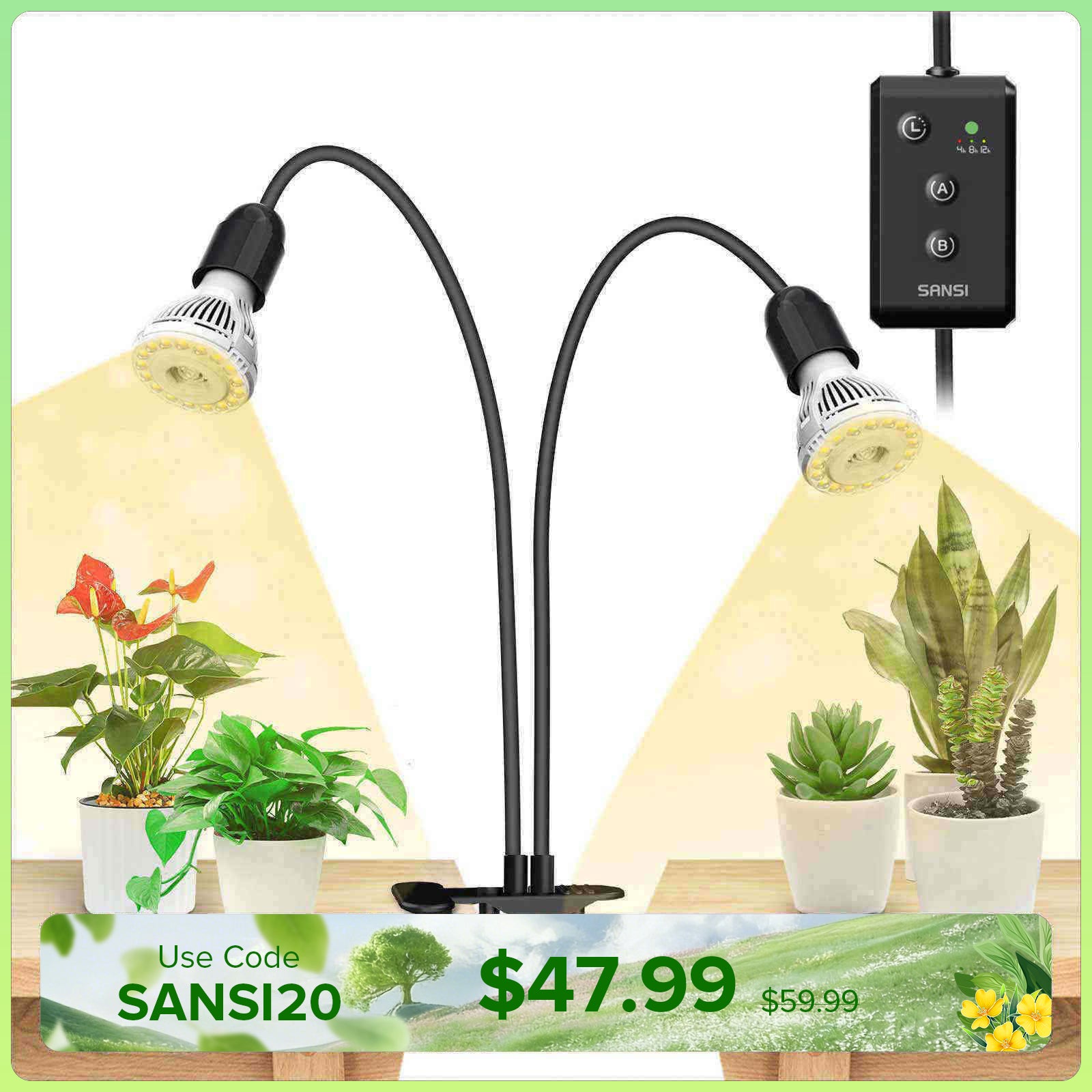 20W Adjustable 2-Head Clip-on LED Grow Light With Timer