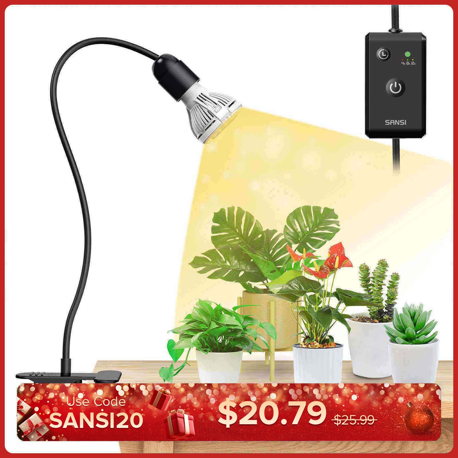 10 W verstellbares 1-Kopf-LED-Pflanzenlicht zum Anklemmen mit Timer/ohne Timer (NUR USA/Kanada)