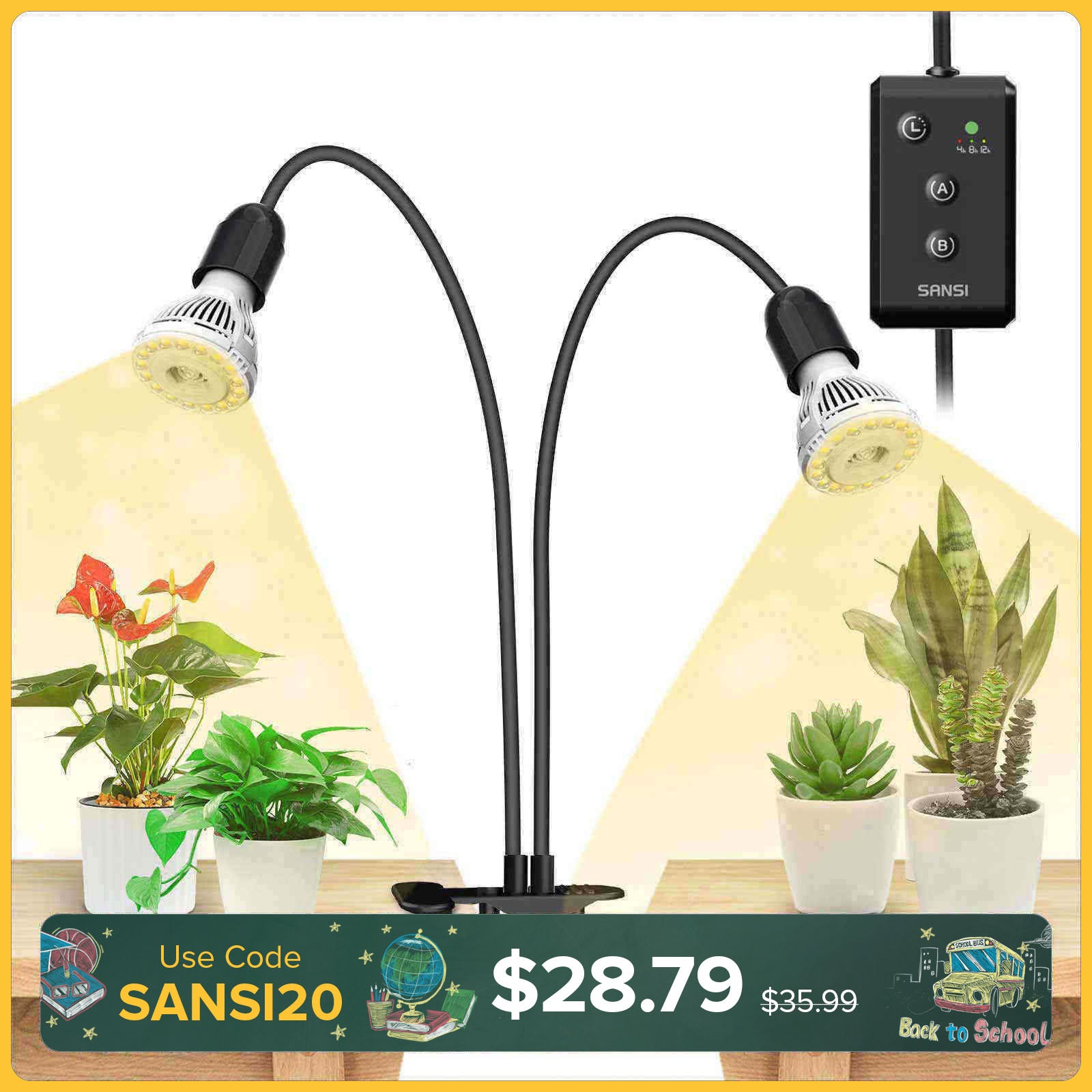 20W Adjustable 2-Head Clip-on LED Grow Light With Timer