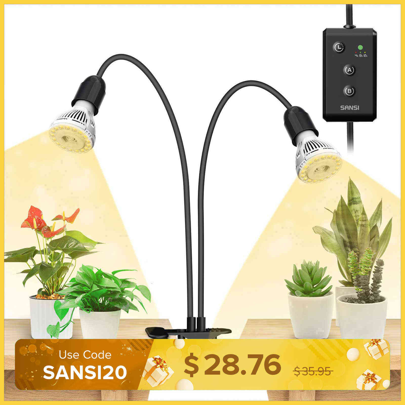 20W Adjustable 2-Head Clip-on LED Grow Light With Timer/No Timer