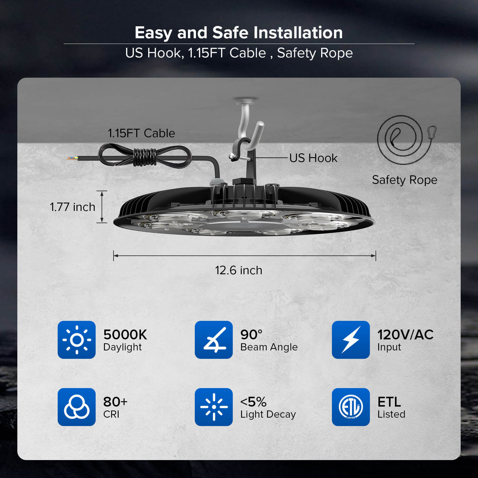 Easy and Safe Installation：US Hook, 1.15FT Cable , Safety Rope.