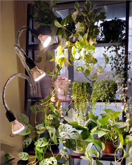 A photo shared by an influencer @plantiversal on INS,On one side, there are three rows of plant shelves with many plants. The influencer,she used our three-head clip-on plant grow light to provide light to the plants. One bulb corresponds to one layer of flower shelves.The gooseneck type bracket can be fixed at will, which is especially convenient and can make the whole flower rack look more perfect.