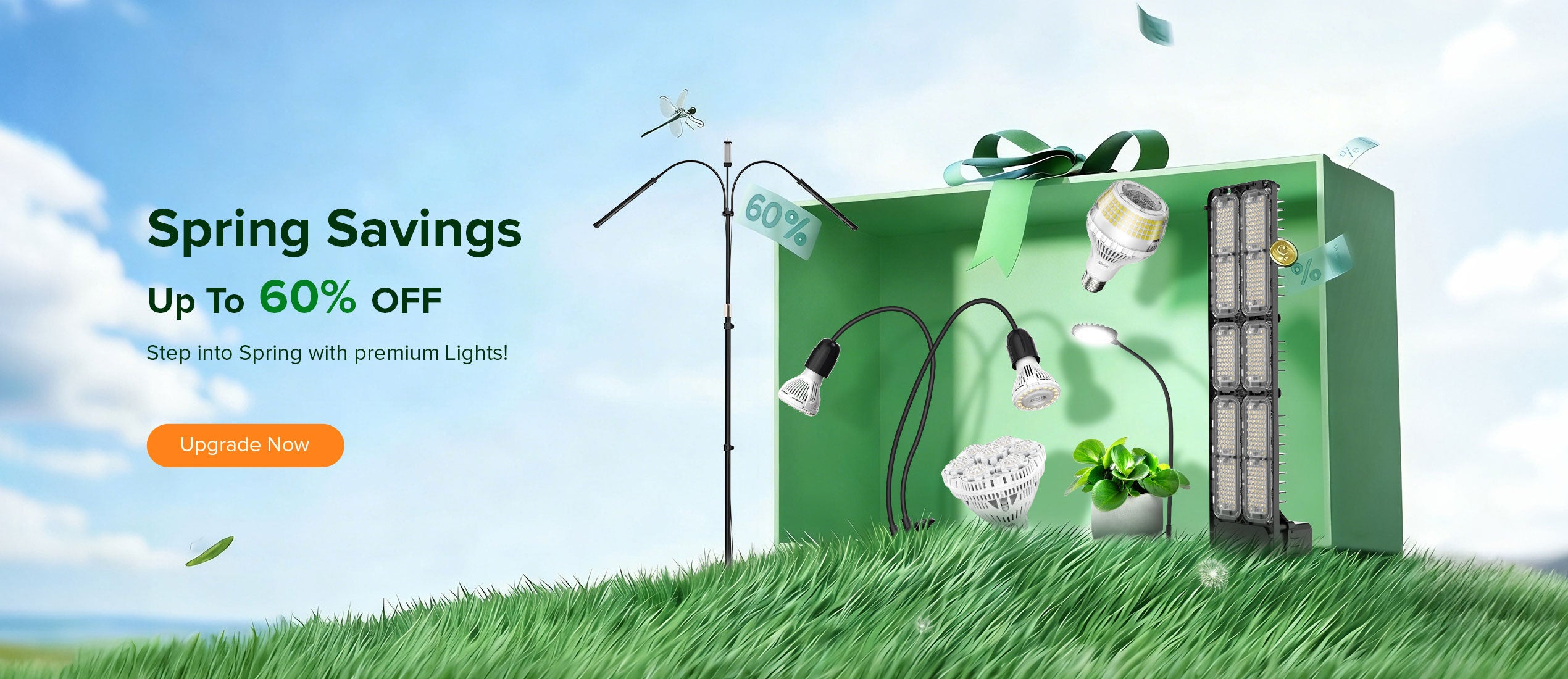 Promotional banner for spring savings with a green box, light bulbs, and grassy background.