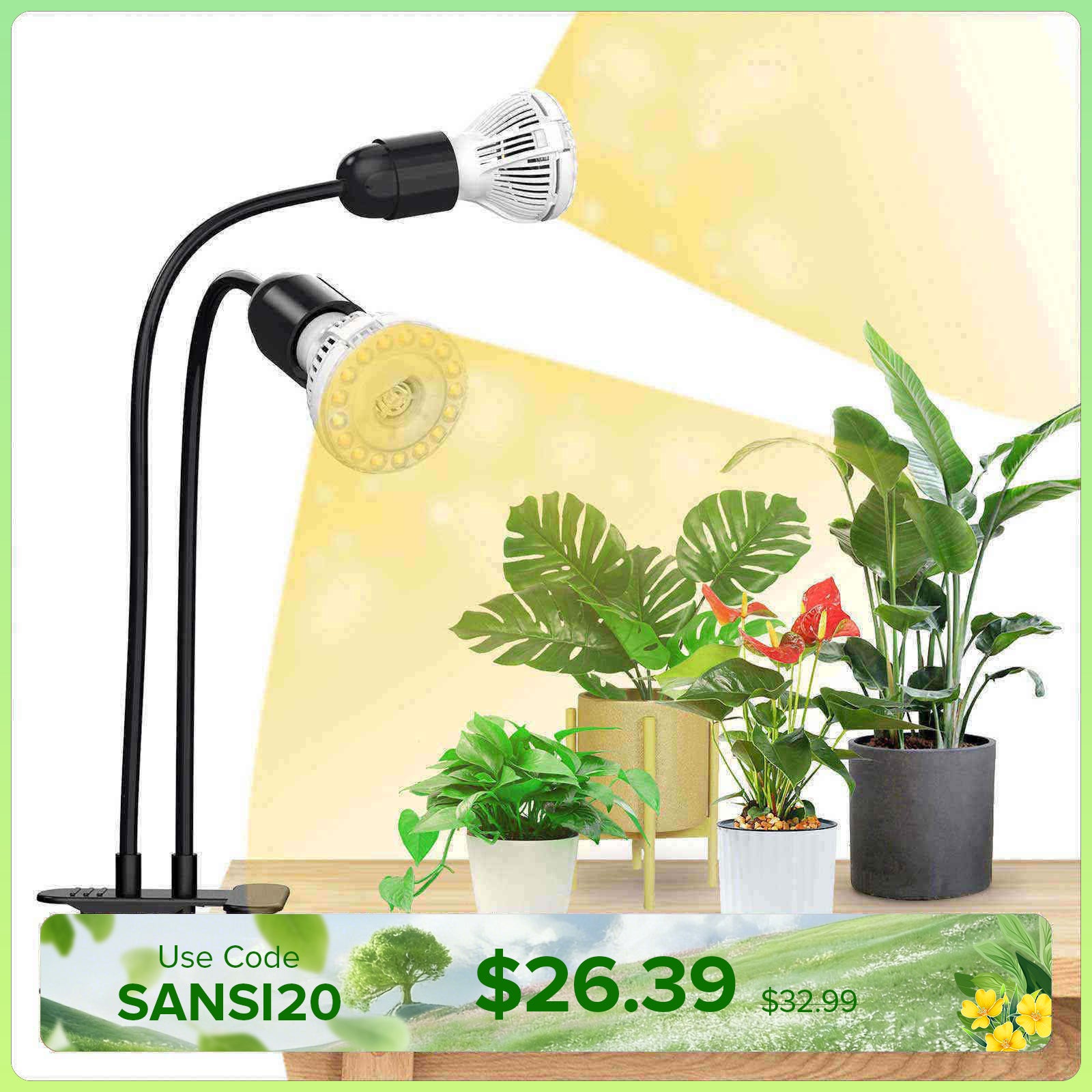 20W Adjustable 2-Head Clip-on LED Grow Light