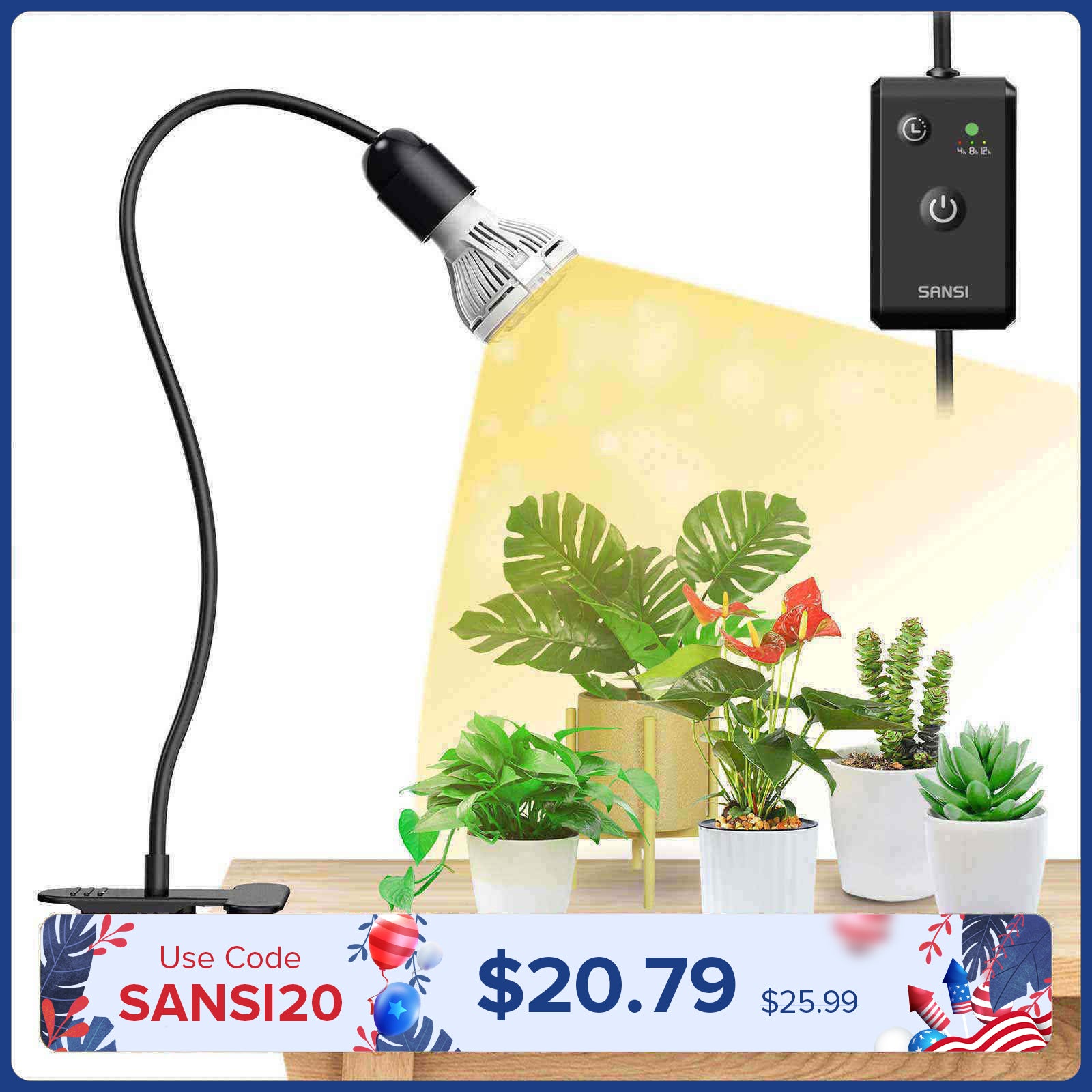10W Adjustable 1-Head Clip-on LED Grow Light with Timer (US/CA ONLY)