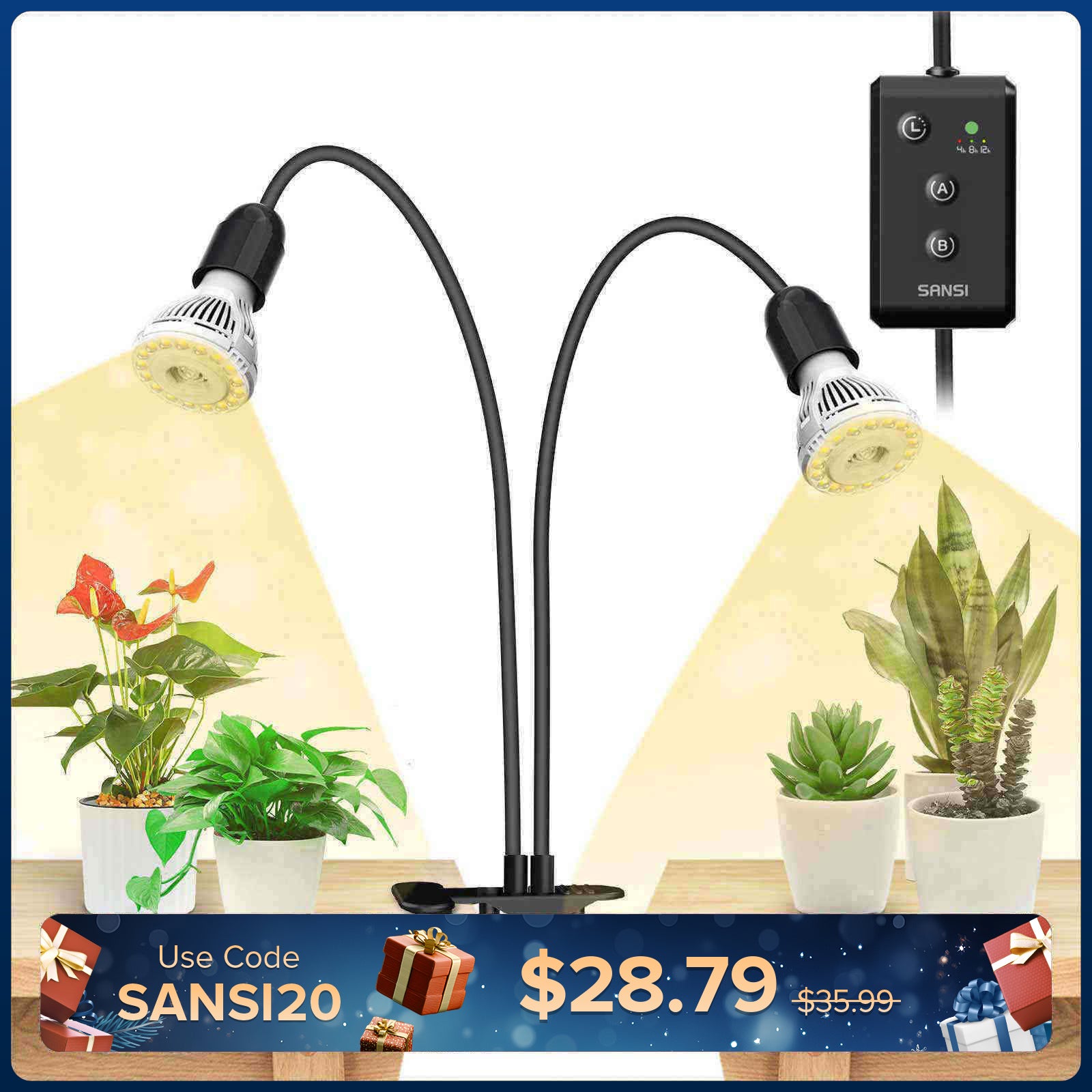 20W verstellbare 2-Kopf-Clip-on-LED-Wachstumslampe mit Timer/ohne Timer